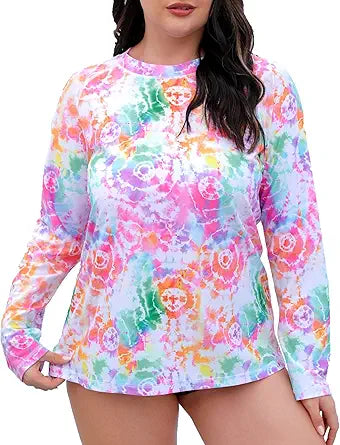 Halcurt Women Plus Size Long Sleeve Rash Guard Swimsuit Top