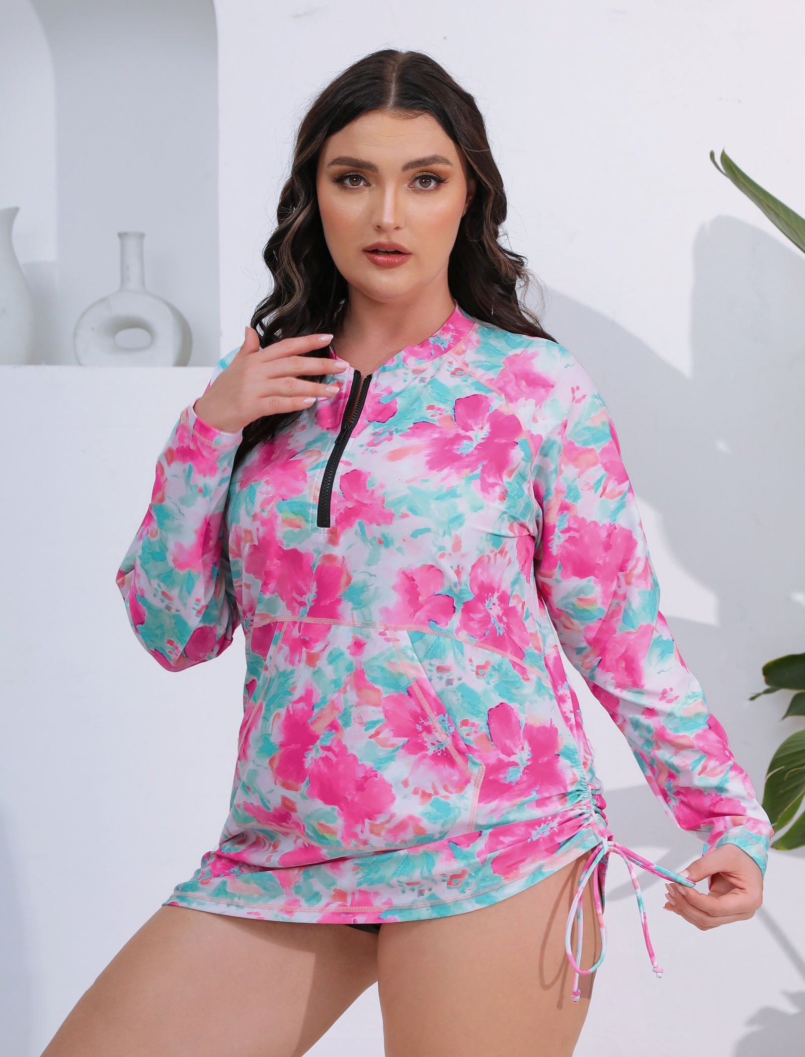 Sunny Escape Plus Size Drawstring Rash Guard Shirts with Front Pockets