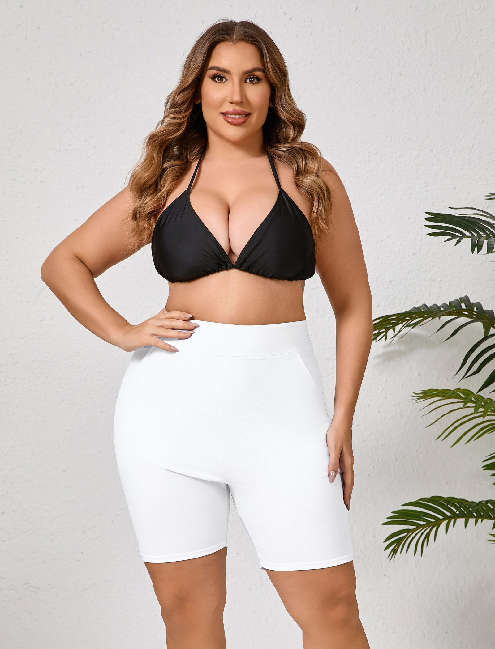 Island Glow Plus Size High Waisted Swim Board Short with Pockets
