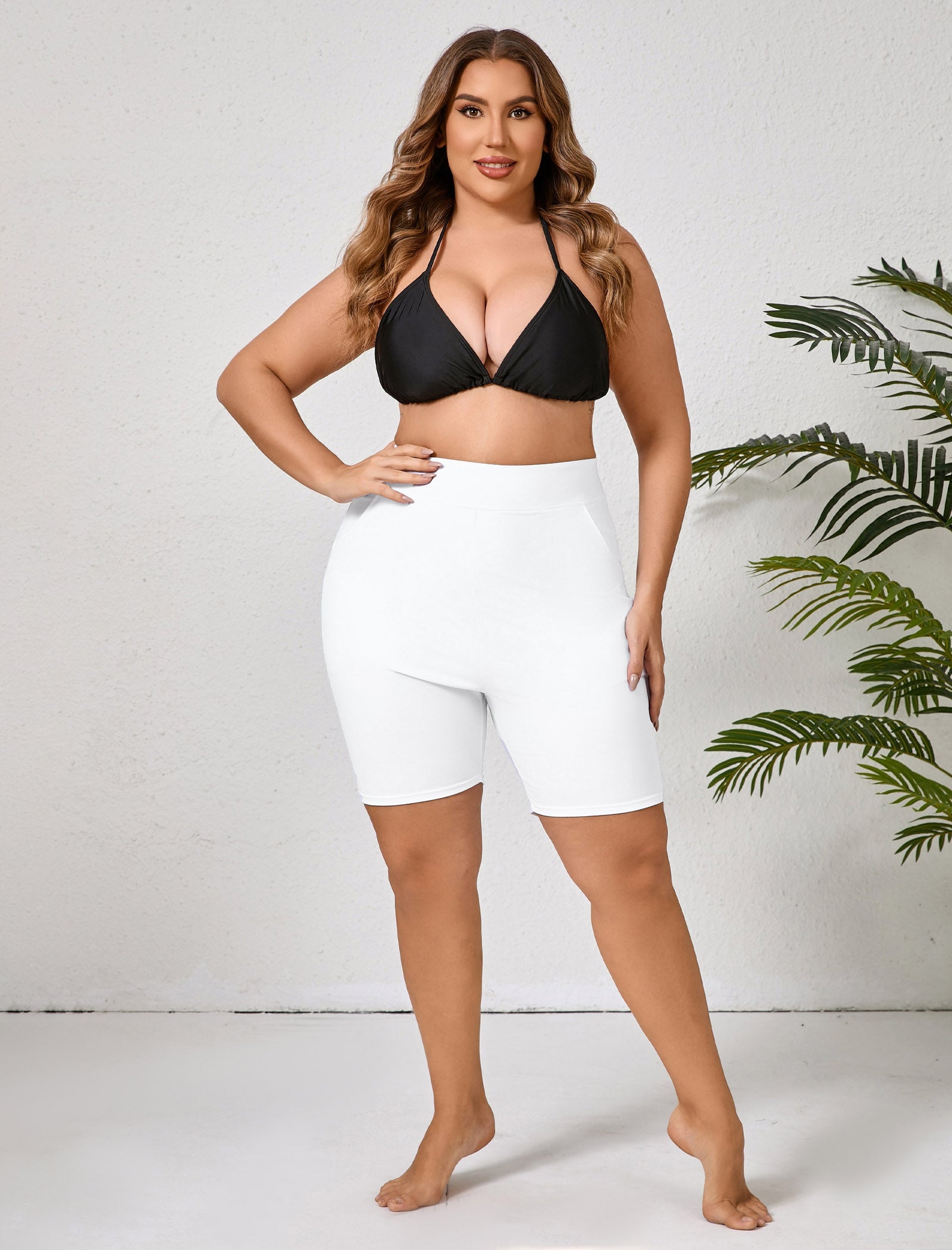 Island Glow Plus Size High Waisted Swim Board Short with Pockets