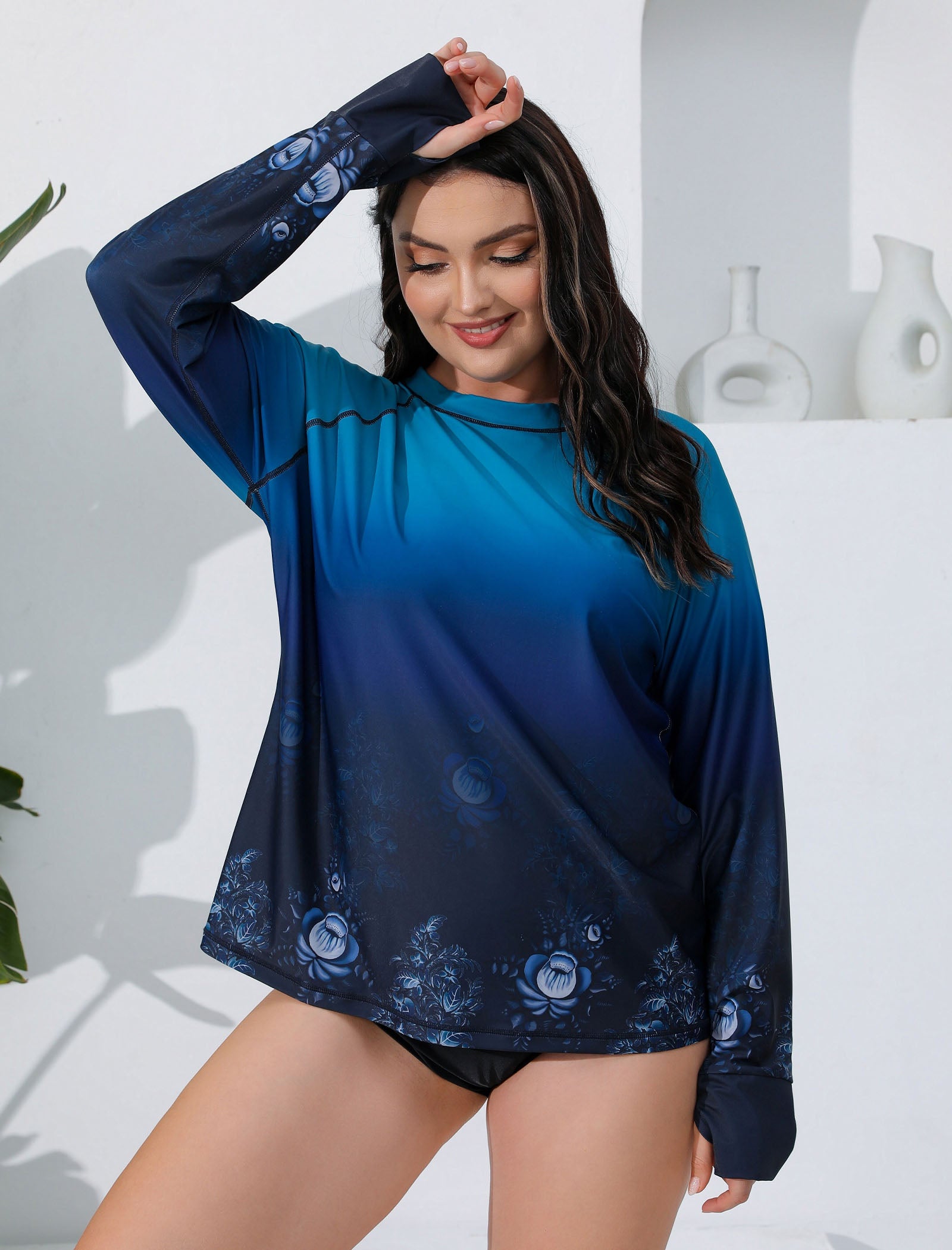 Halcurt Women Plus Size Rash Guard with Thumb Hole Swim Shirt