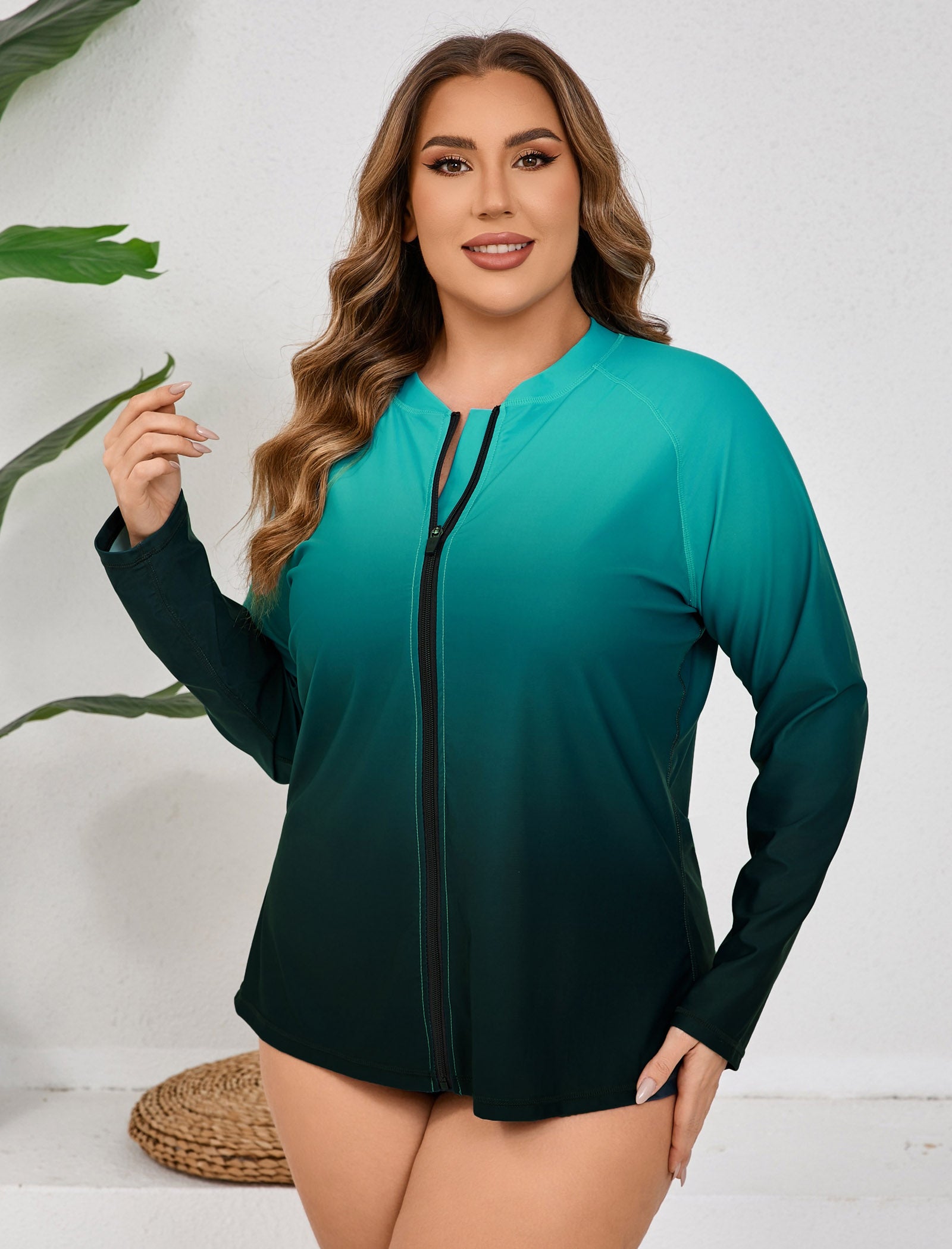 Breeze Kiss Plus Size Full Zip Long Sleeve Rash Guard Shirts