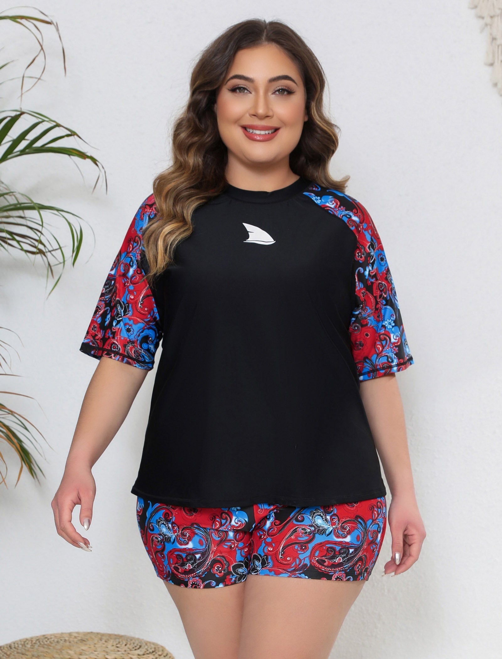 Comfort Meets Curve Plus Size Two Piece Rash Guard Sets with Shorts