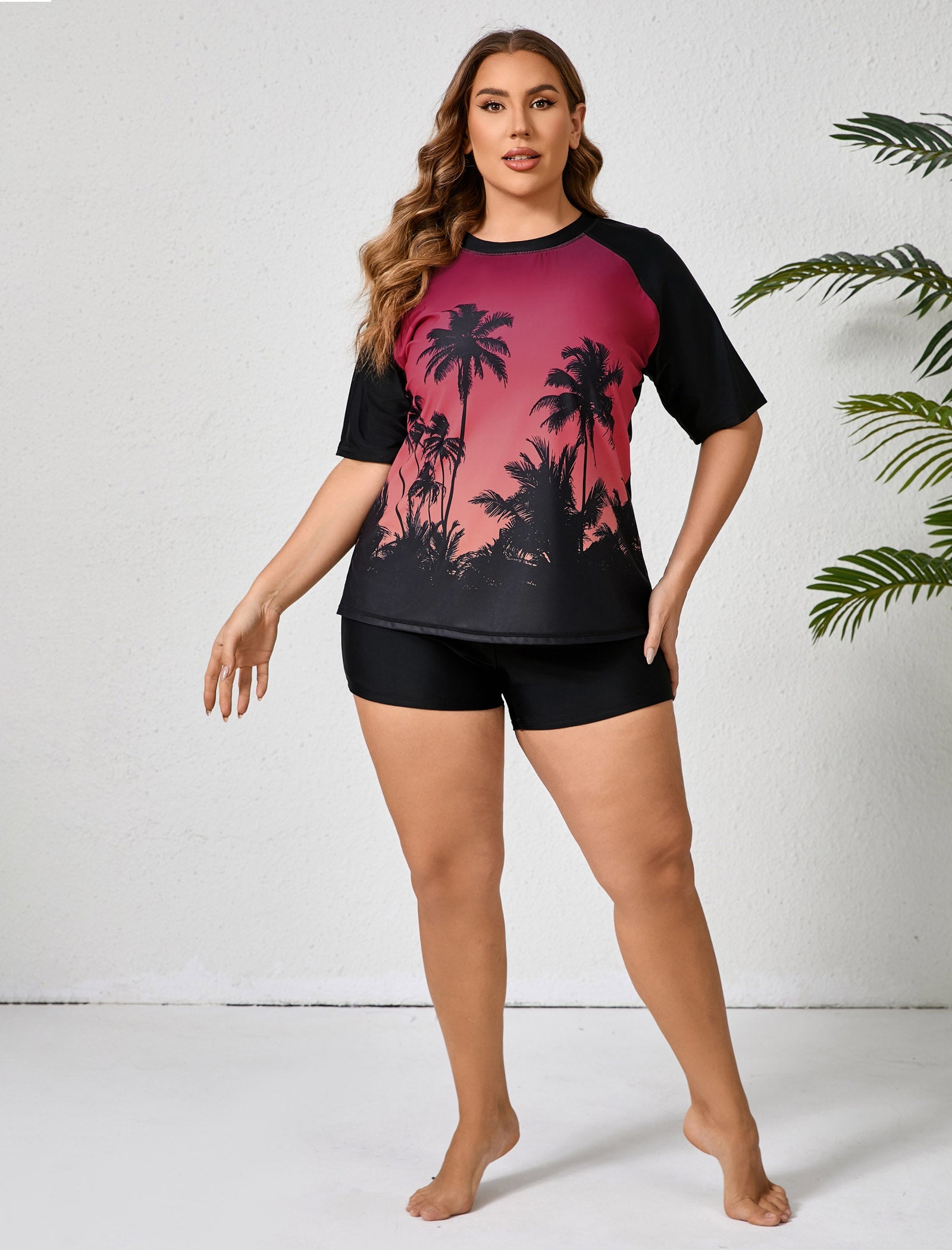Comfort Meets Curve Plus Size Two Piece Rash Guard Sets with Shorts
