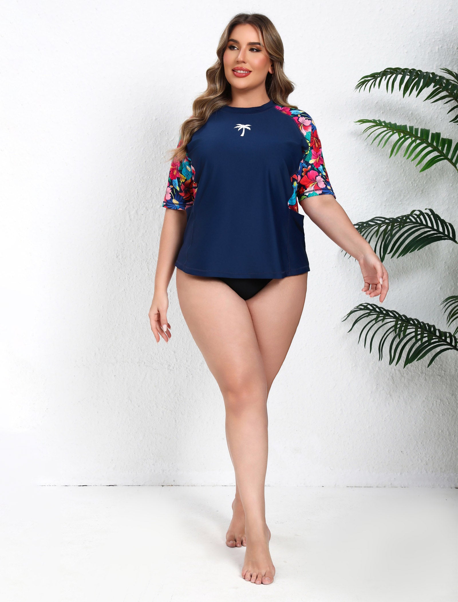 Tropic Glow Plus Size Long Sleeve Rash Guard Shirts Pocket with Built in Bra