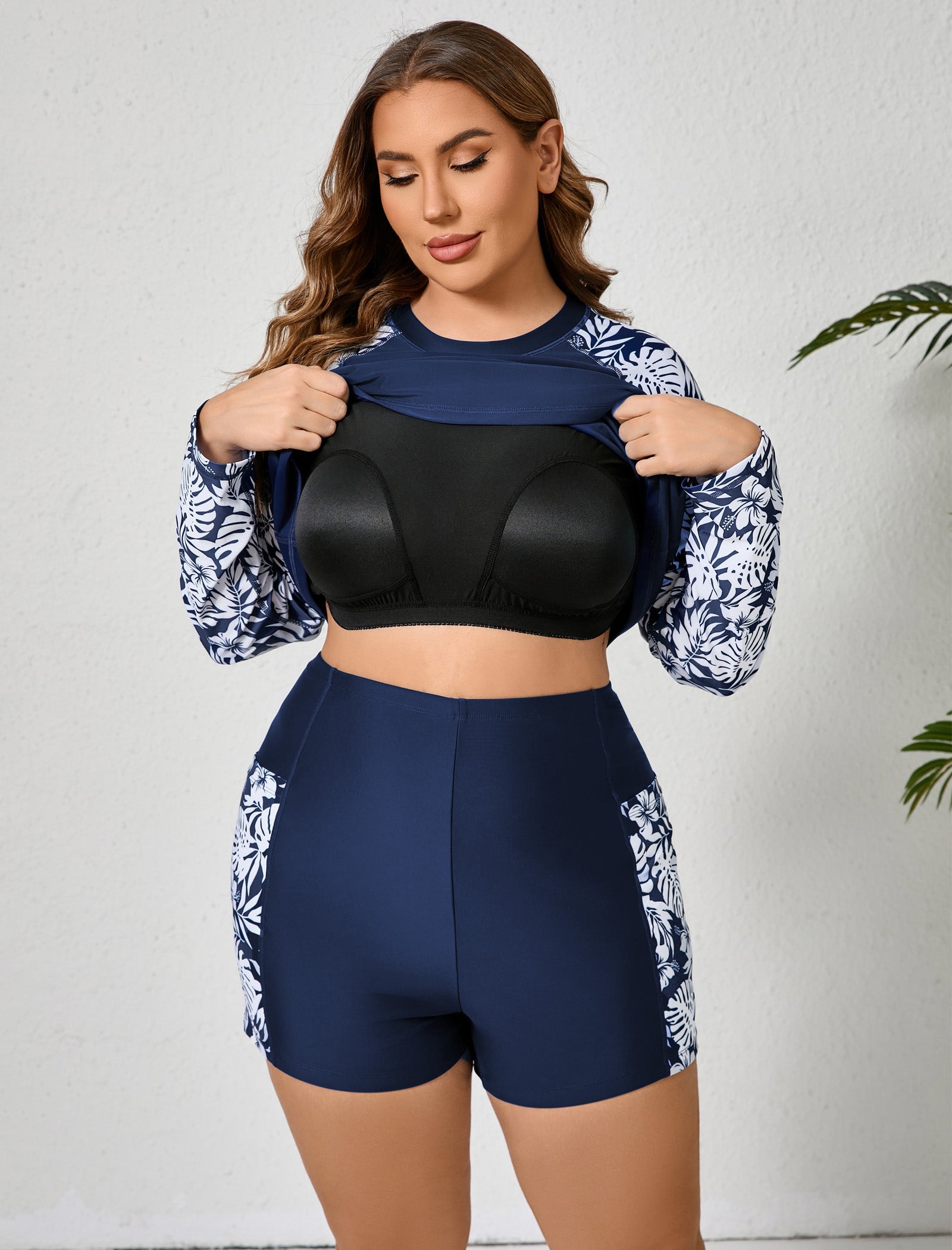 Holiday Uniform Plus Size Swim Shirt with Built in Bra and Shorts with Pockets