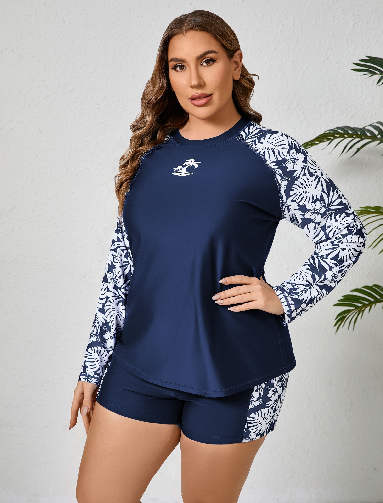 Holiday Uniform Plus Size Swim Shirt with Built in Bra and Shorts with Pockets