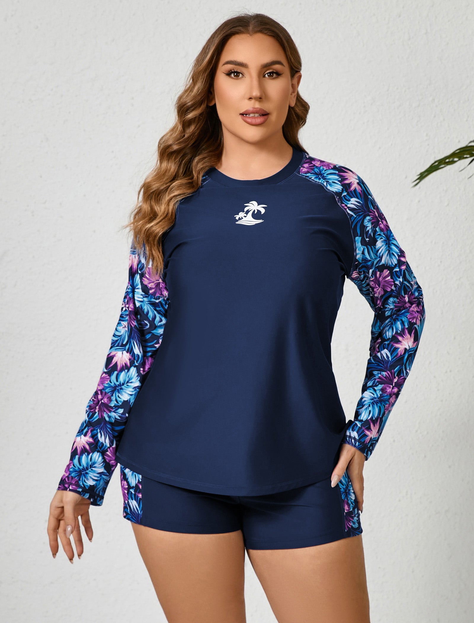 Holiday Uniform Plus Size Swim Shirt with Built in Bra and Shorts with Pockets