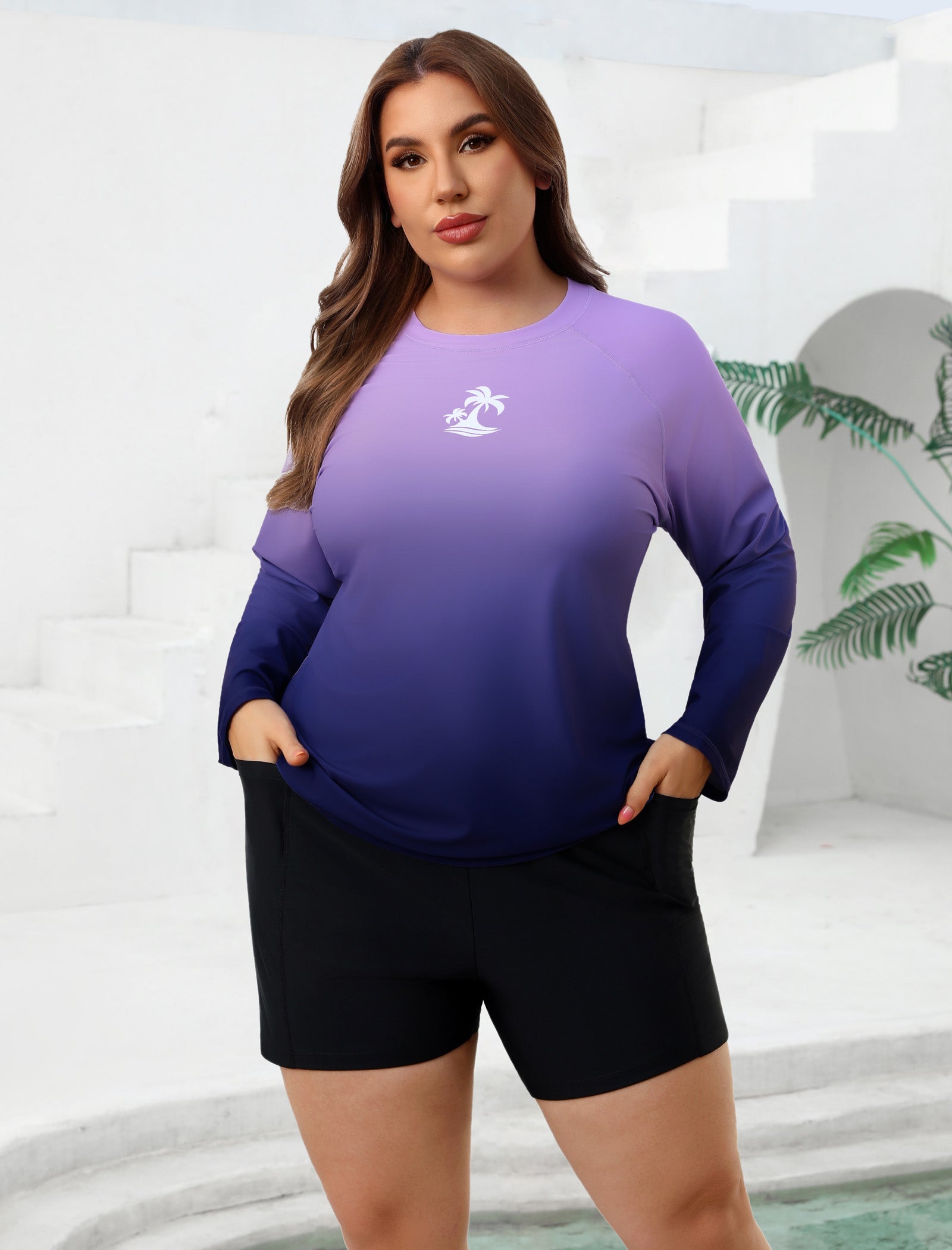 Holiday Uniform Plus Size Swim Shirt with Built in Bra and Shorts with Pockets