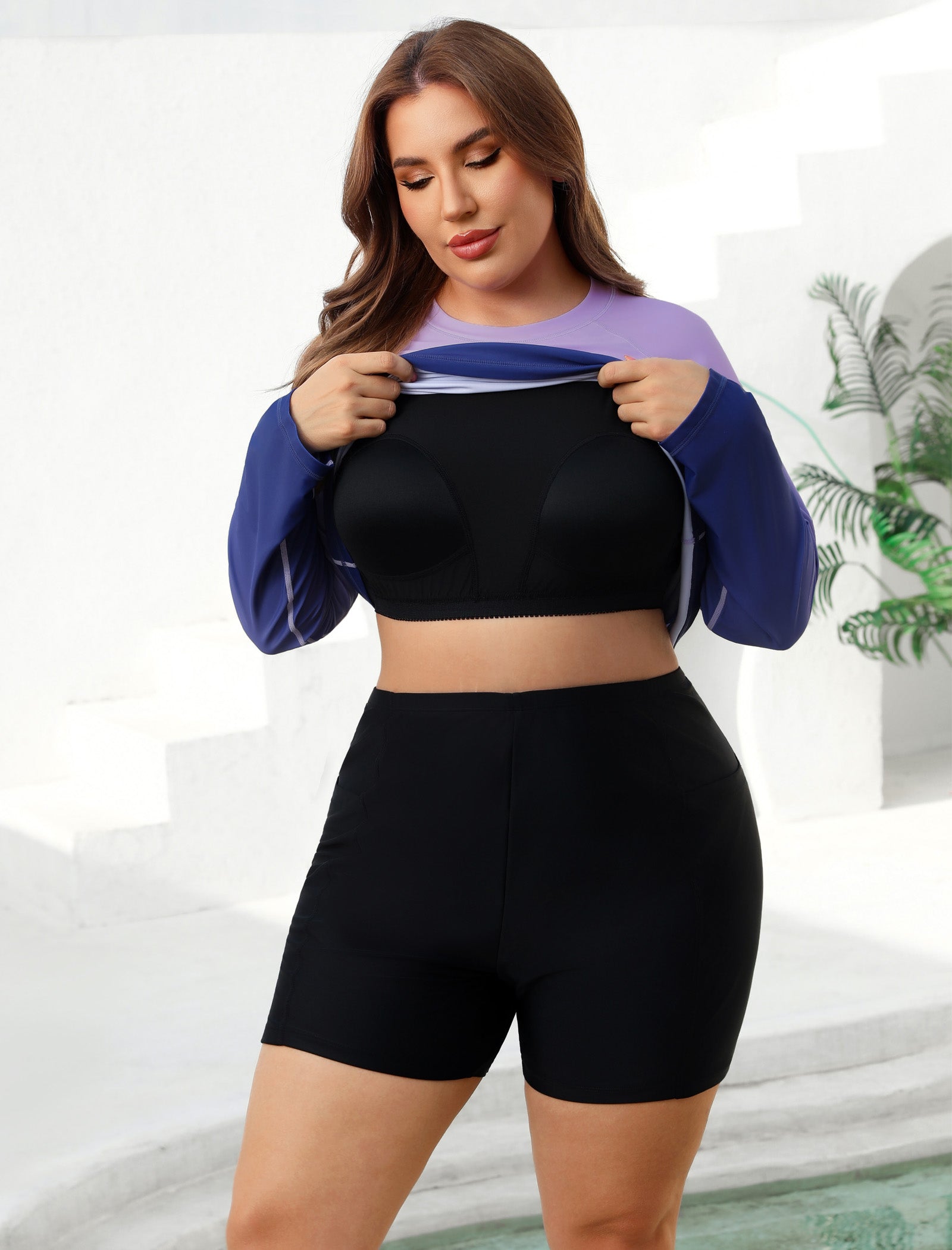 Holiday Uniform Plus Size Swim Shirt with Built in Bra and Shorts with Pockets