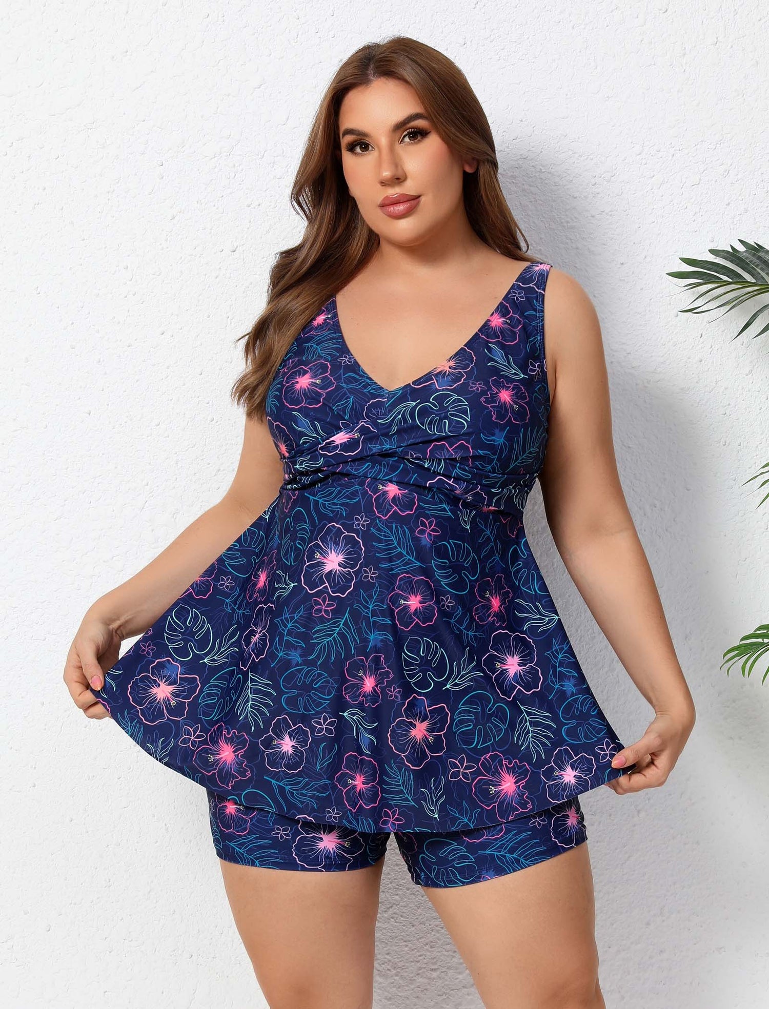 Ocean Ready Plus Size Twist Front Two Piece Tankini Sets with 5" Inseam Boyshorts