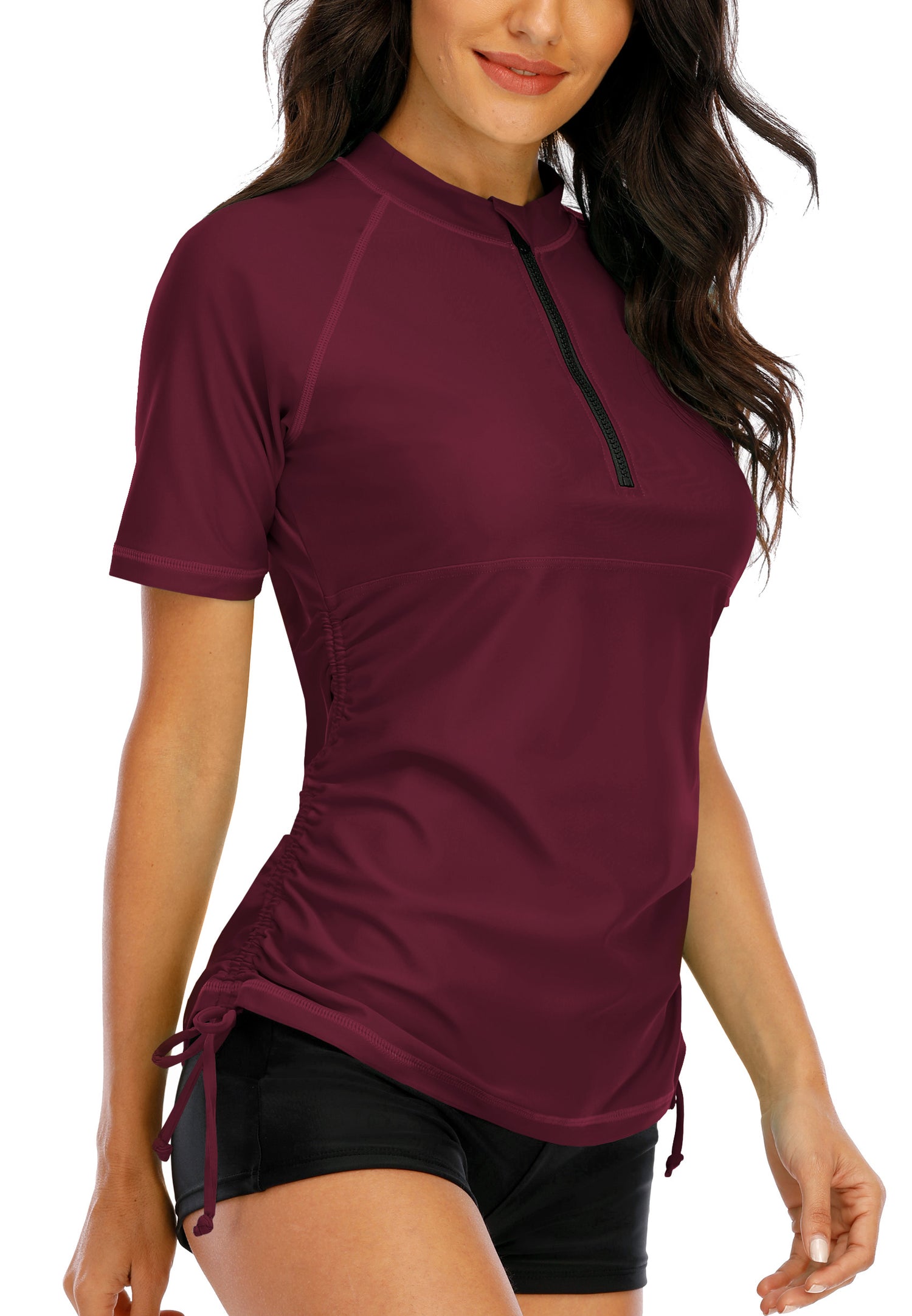 Halcurt Damen-Badeanzug-Top mit halbem Reißverschluss und kurzen Ärmeln (Rashguard)