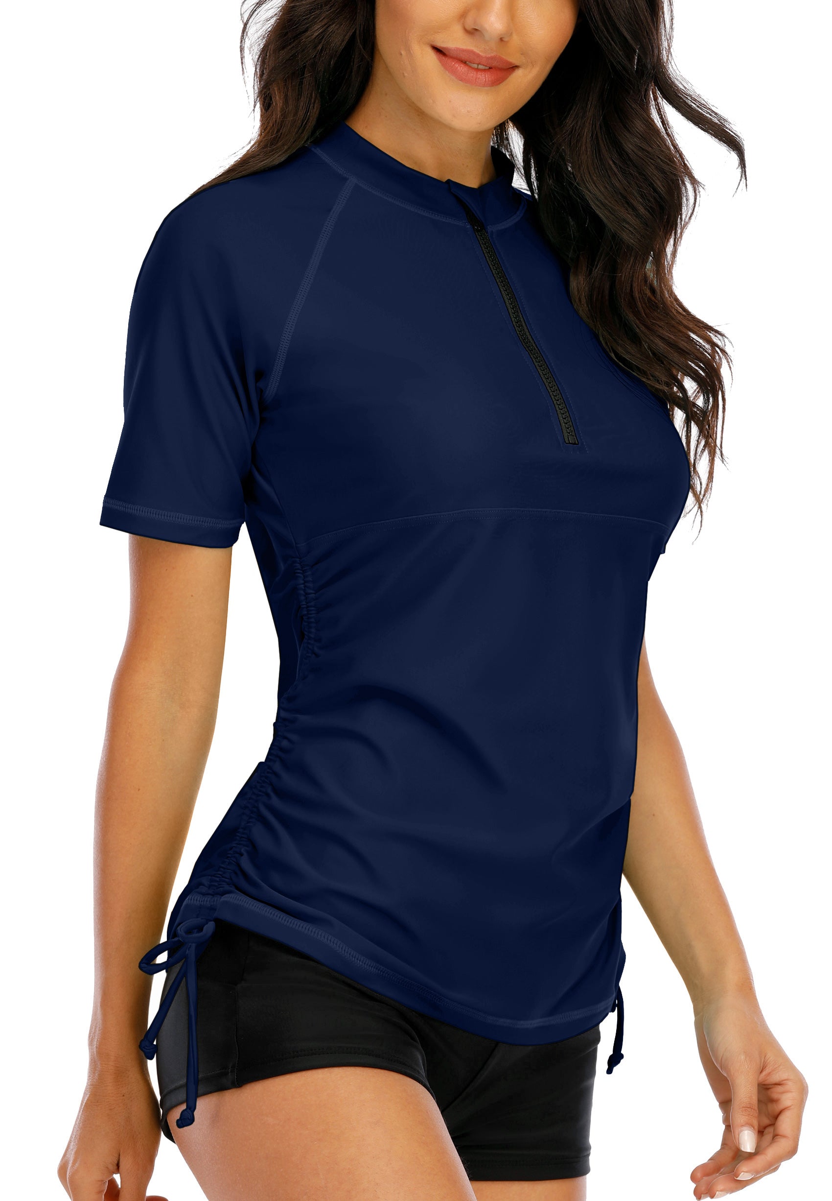 Halcurt Damen-Badeanzug-Top mit halbem Reißverschluss und kurzen Ärmeln (Rashguard)