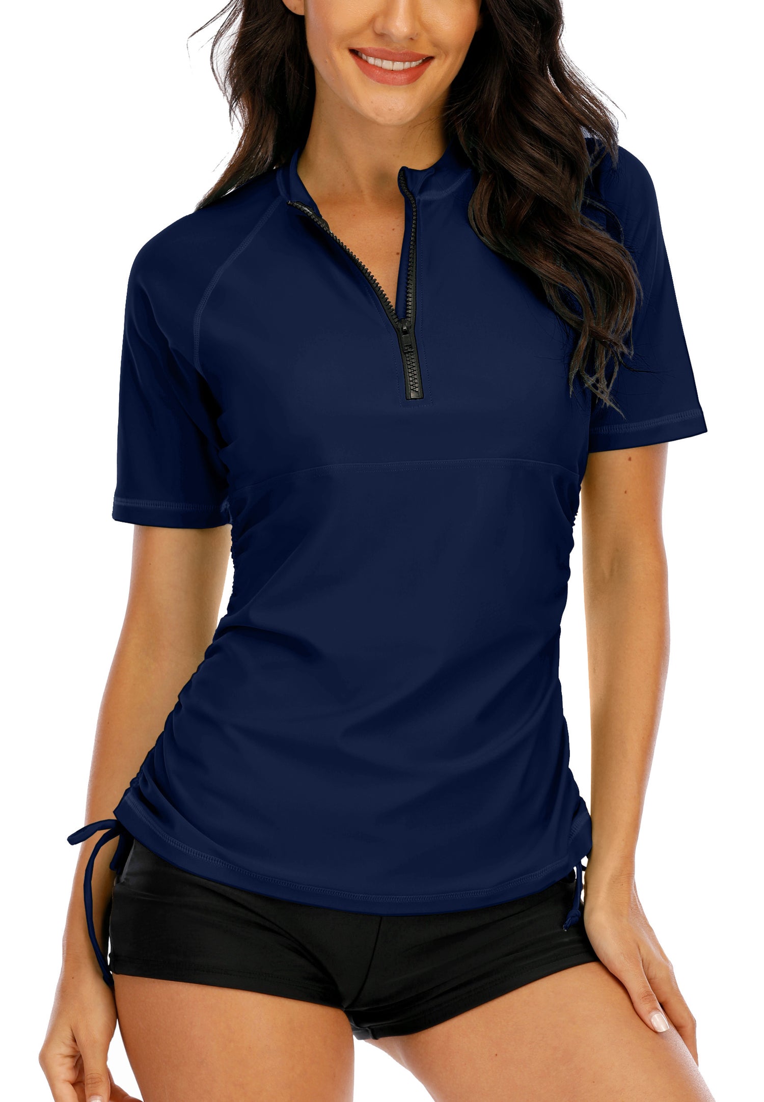 Halcurt Damen-Badeanzug-Top mit halbem Reißverschluss und kurzen Ärmeln (Rashguard)