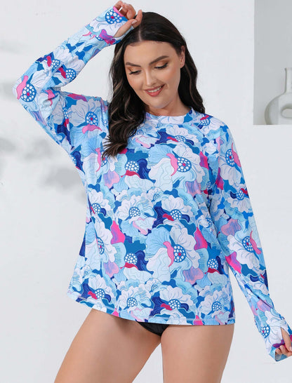 Halcurt Women Plus Size Rash Guard with Thumb Hole Swim Shirt