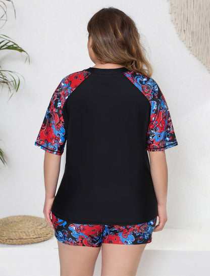 Comfort Meets Curve Plus Size Two Piece Rash Guard Sets with Shorts