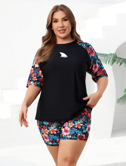 Comfort Meets Curve Plus Size Two Piece Rash Guard Sets with Shorts