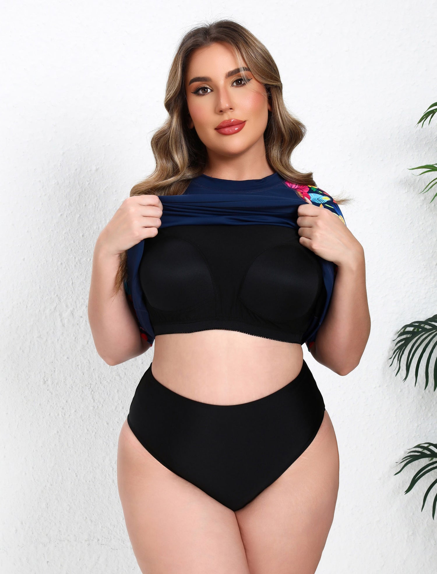 Tropic Glow Plus Size Long Sleeve Rash Guard Shirts Pocket with Built in Bra