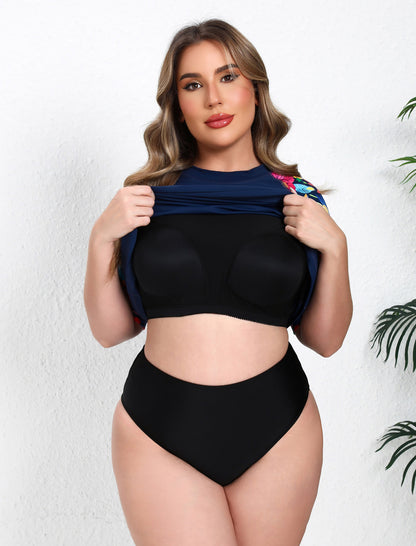 Tropic Glow Plus Size Long Sleeve Rash Guard Shirts Pocket with Built in Bra