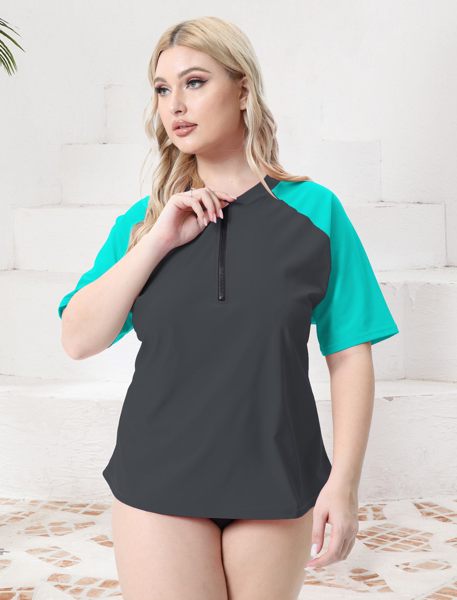 Halcurt Women's Plus Size Half Zip Short Sleeve Rash Guard Swim Top