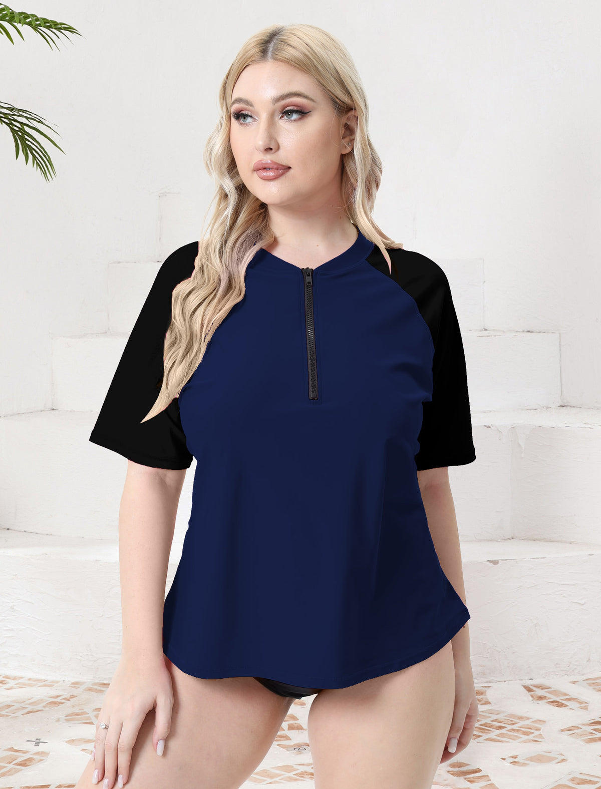 Plus Size Rash Guards Halcurt Women's Plus Size Half Zip Short Sleeve Rash Guard Swim Top