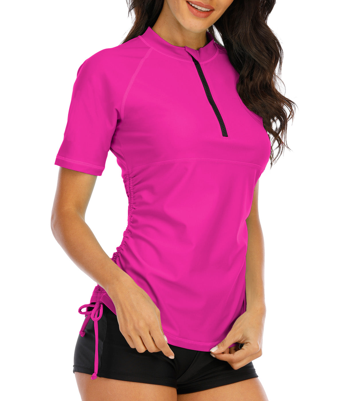 Halcurt Damen-Badeanzug-Top mit halbem Reißverschluss und kurzen Ärmeln (Rashguard)