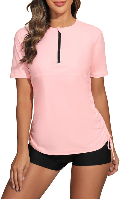 Halcurt Damen-Badeanzug-Top mit halbem Reißverschluss und kurzen Ärmeln (Rashguard)