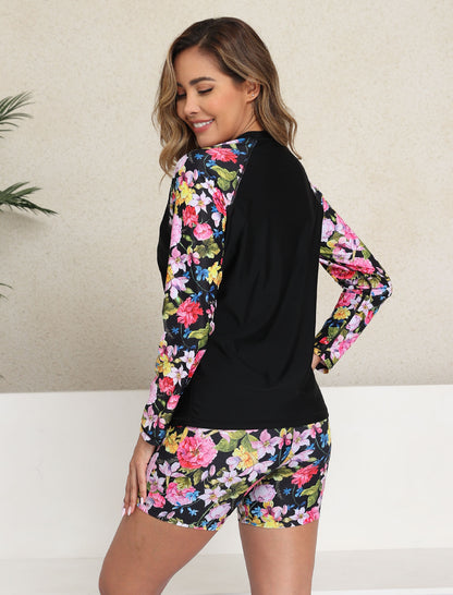 Effortless Protection Long Sleeve Two Piece Rash Guard Sets with 5" Inseam Boardshorts