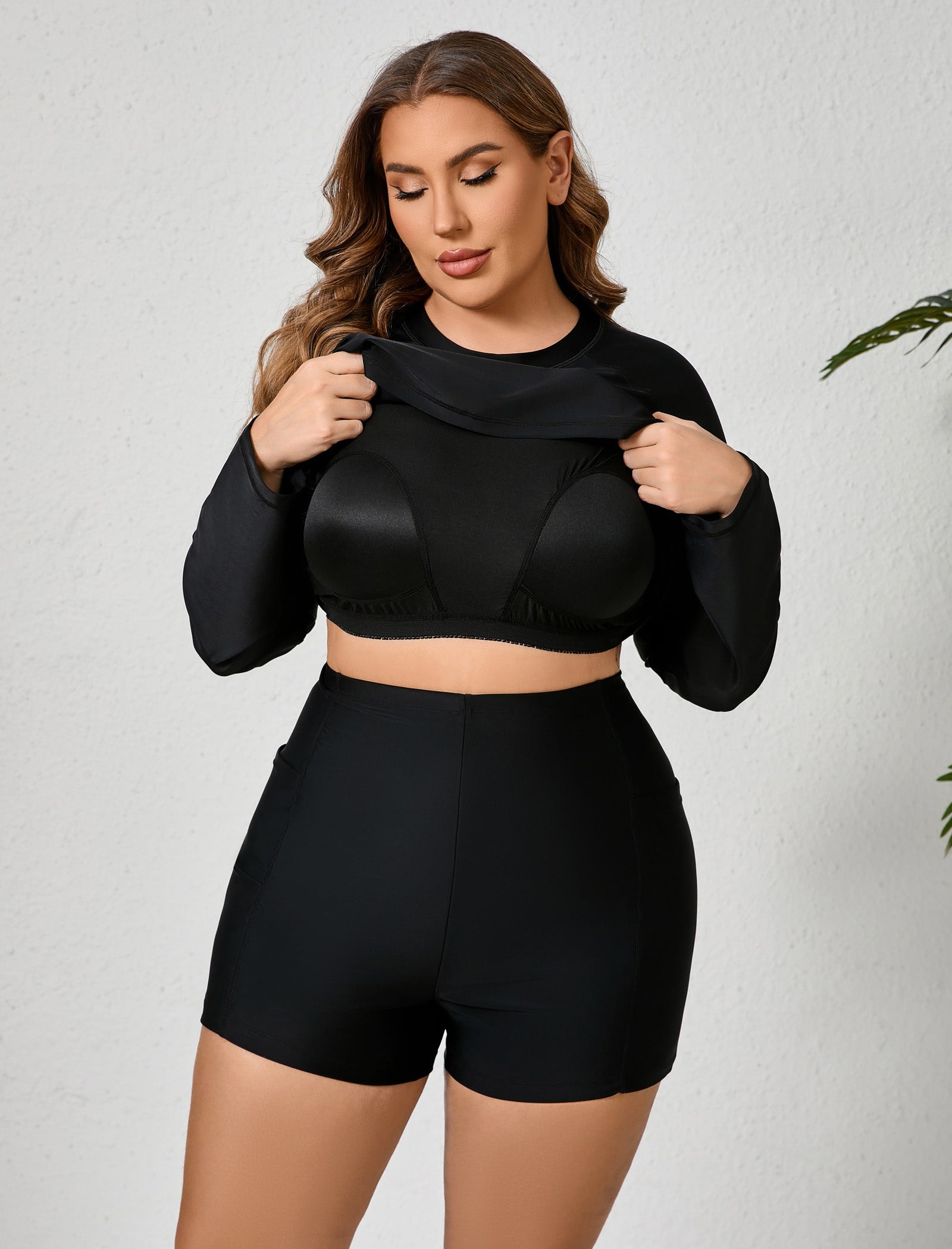 Holiday Uniform Plus Size Swim Shirt with Built in Bra and Shorts with Pockets