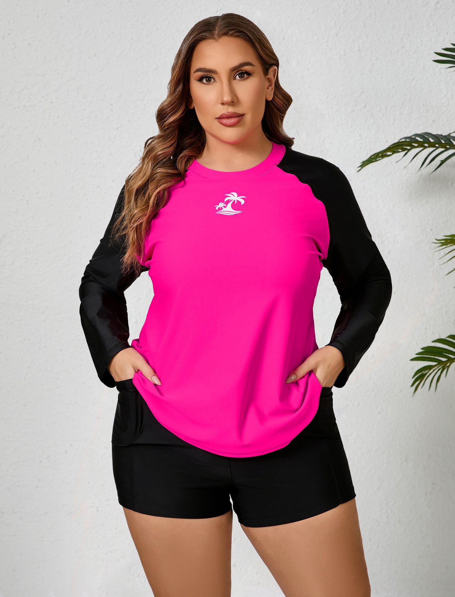 Holiday Uniform Plus Size Swim Shirt with Built in Bra and Shorts with Pockets