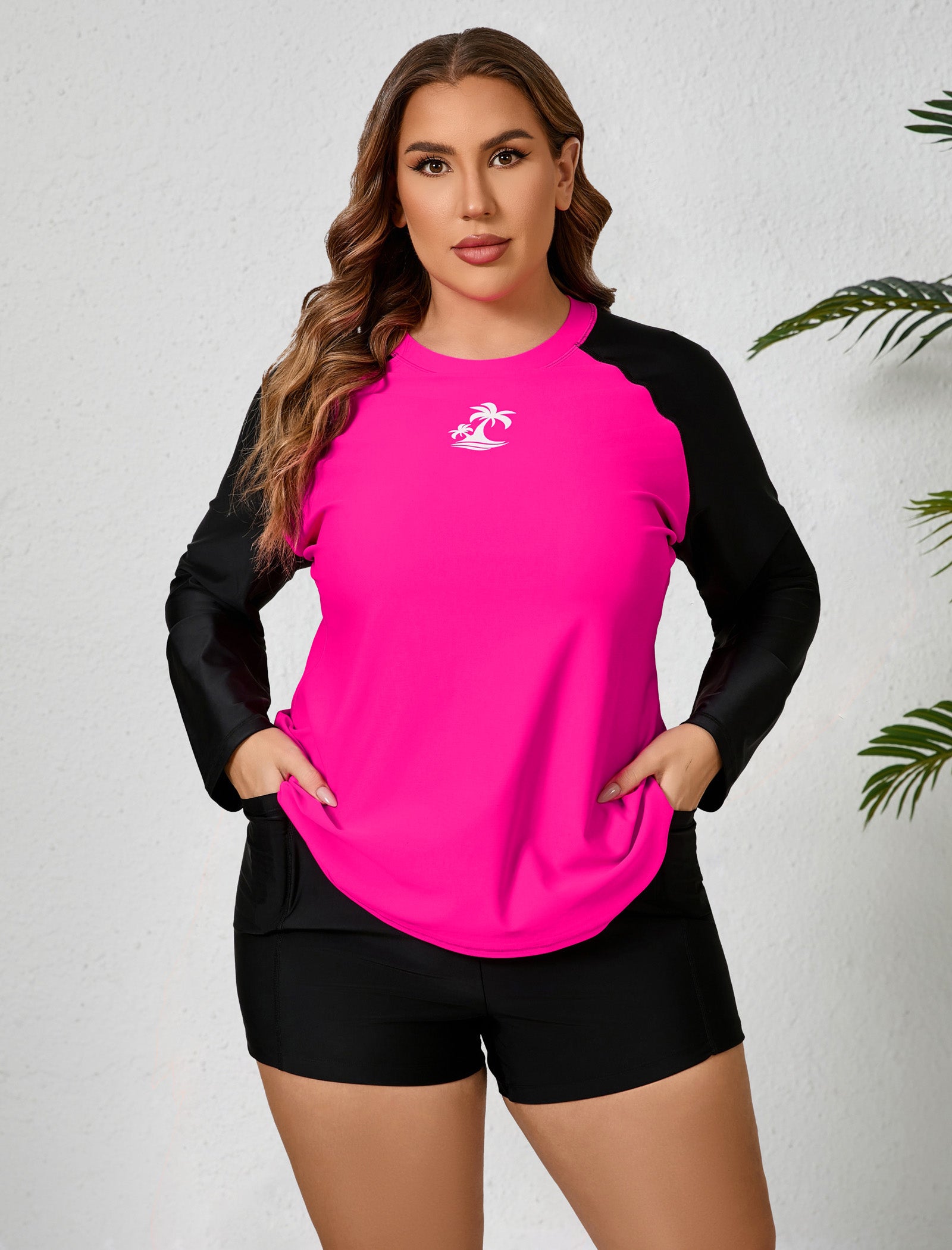 Holiday Uniform Plus Size Swim Shirt with Built in Bra and Shorts with Pockets