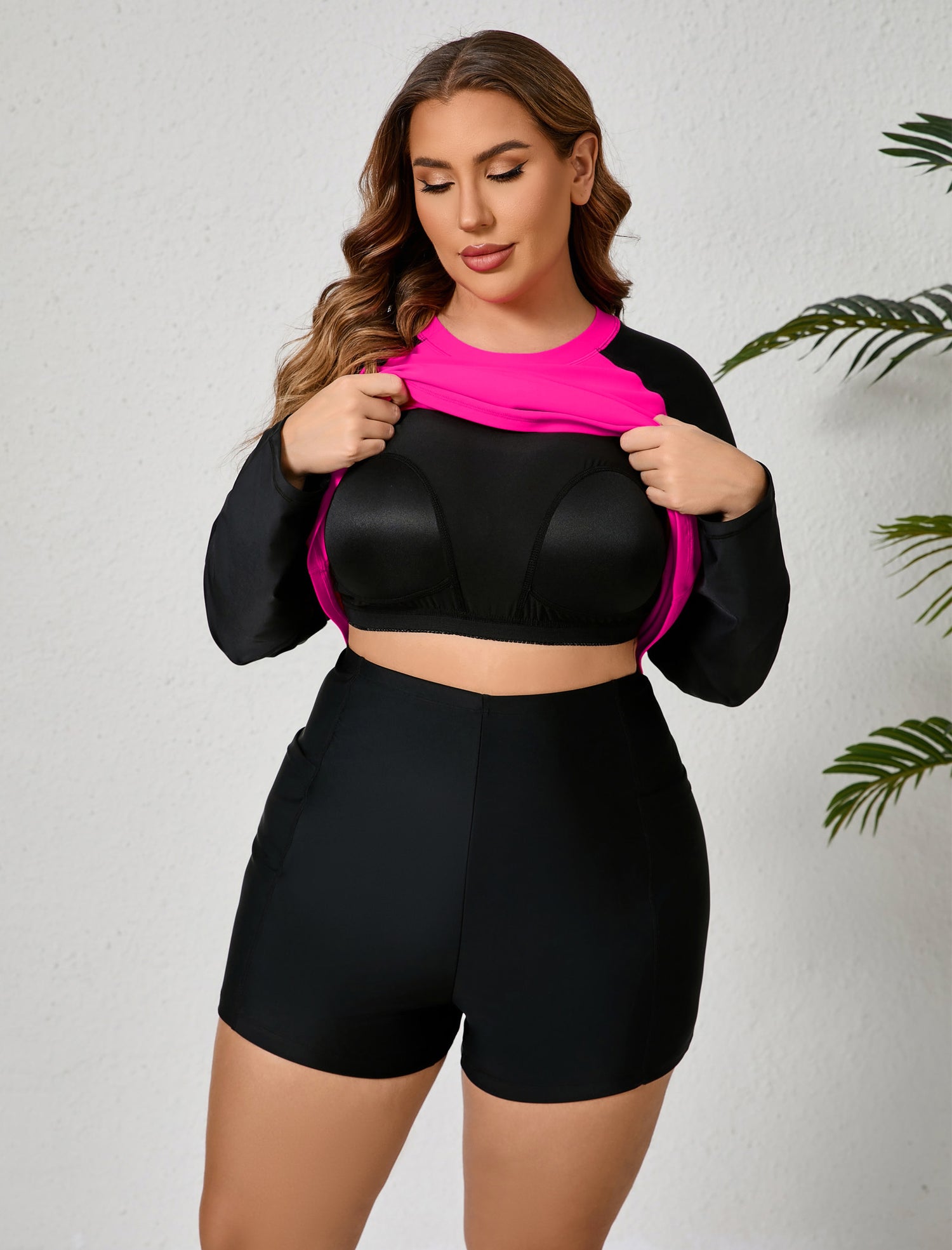 Holiday Uniform Plus Size Swim Shirt with Built in Bra and Shorts with Pockets