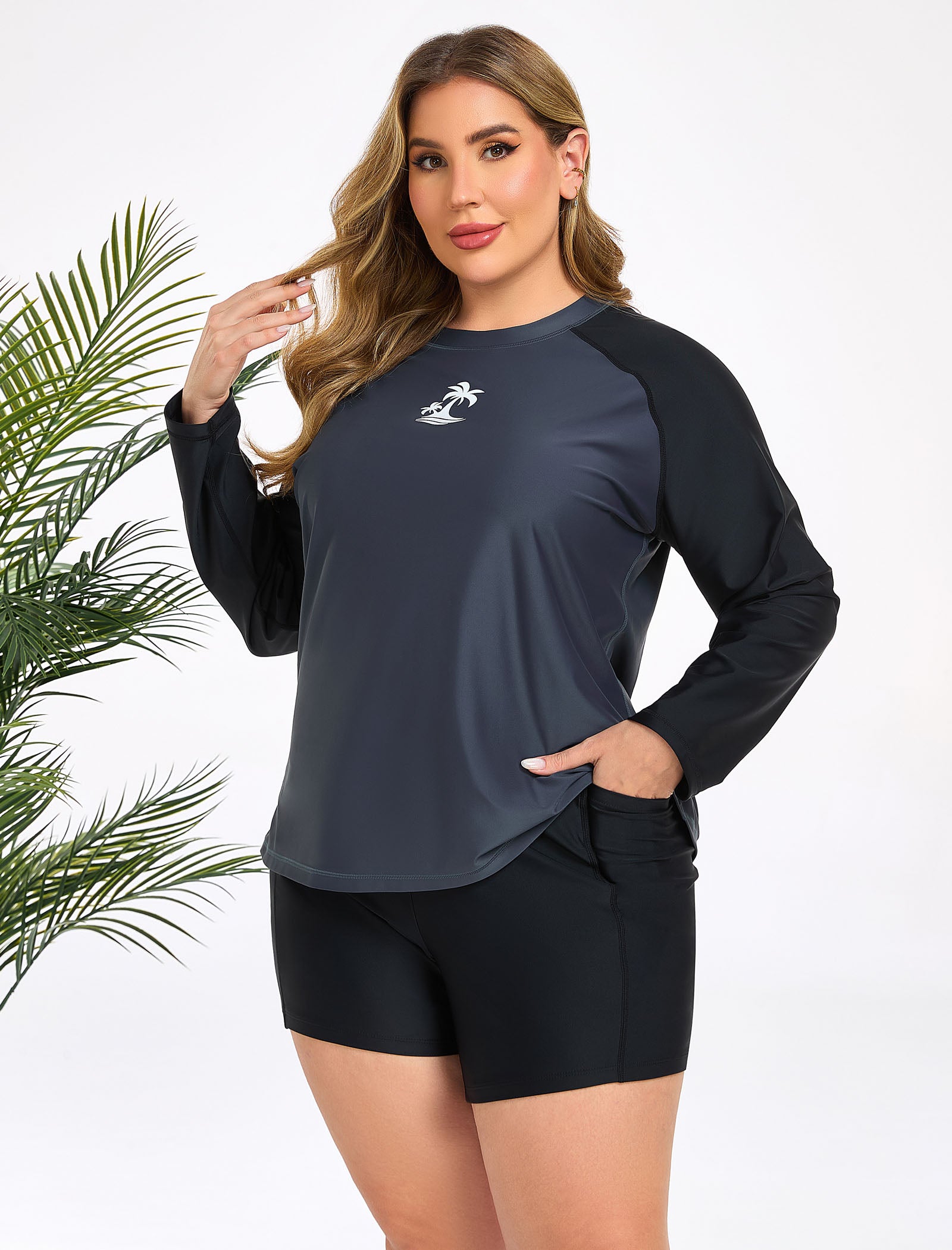 Holiday Uniform Plus Size Swim Shirt with Built in Bra and Shorts with Pockets