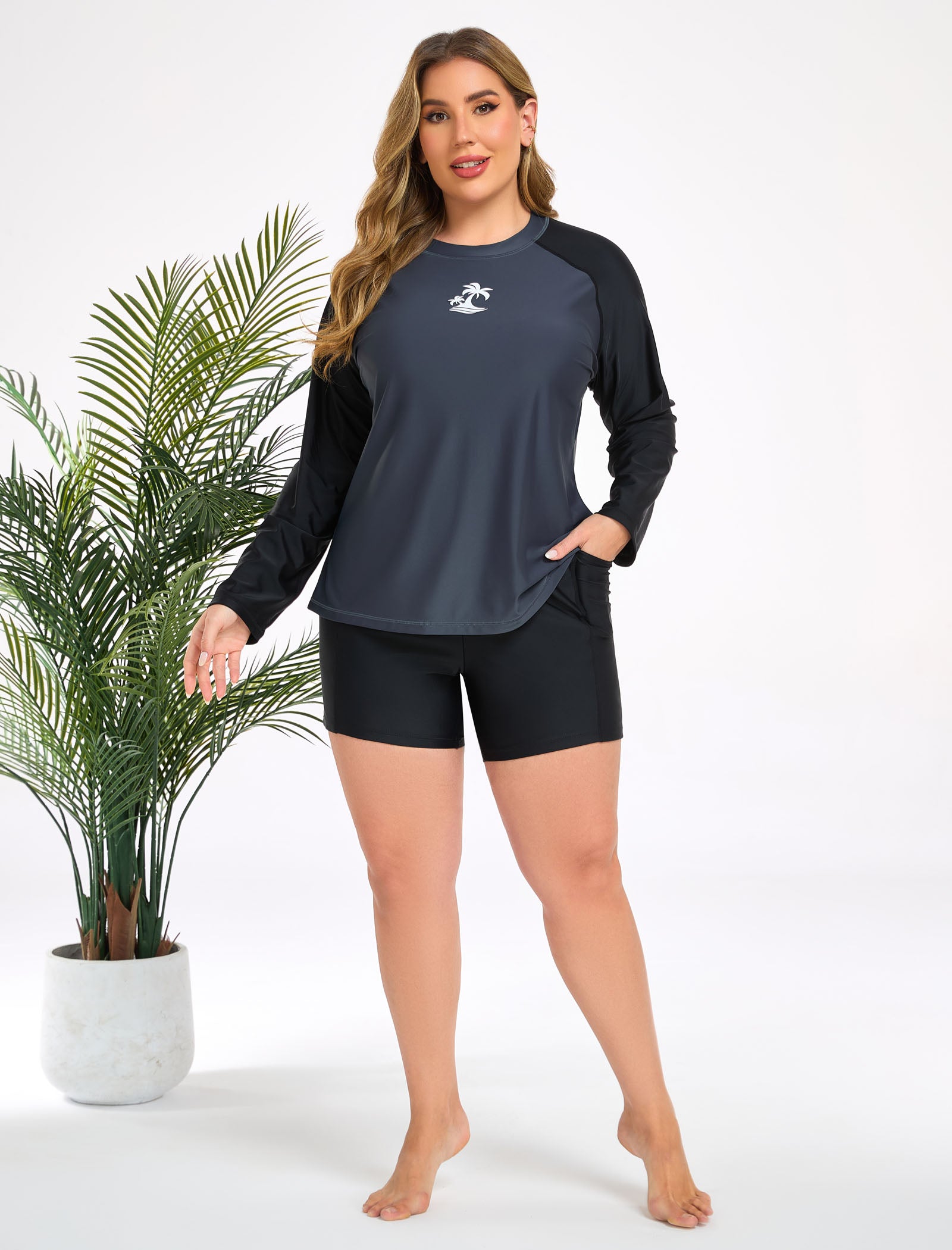 Holiday Uniform Plus Size Swim Shirt with Built in Bra and Shorts with Pockets