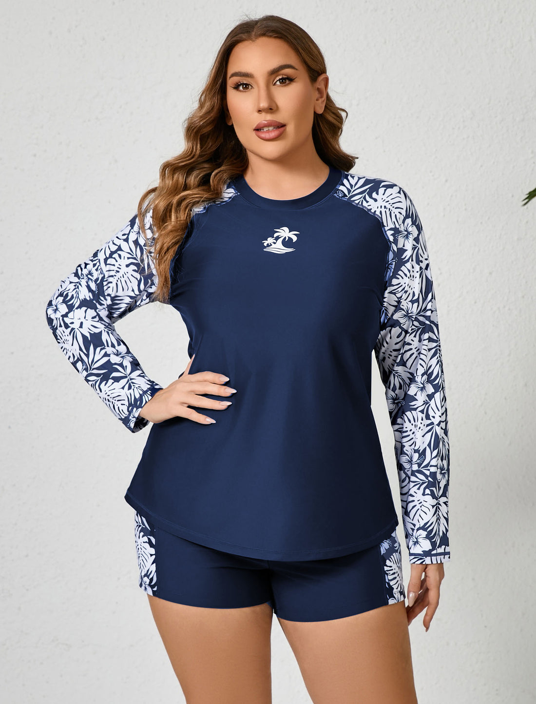Holiday Uniform Plus Size Swim Shirt with Built in Bra and Shorts with Pockets