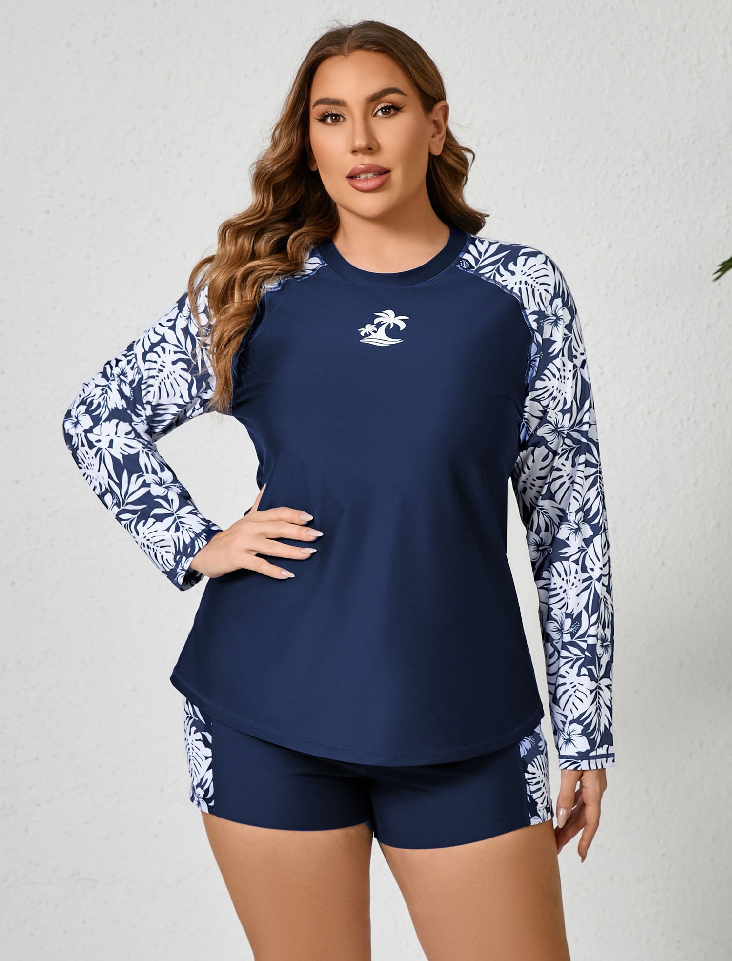 Holiday Uniform Plus Size Swim Shirt with Built in Bra and Shorts with Pockets