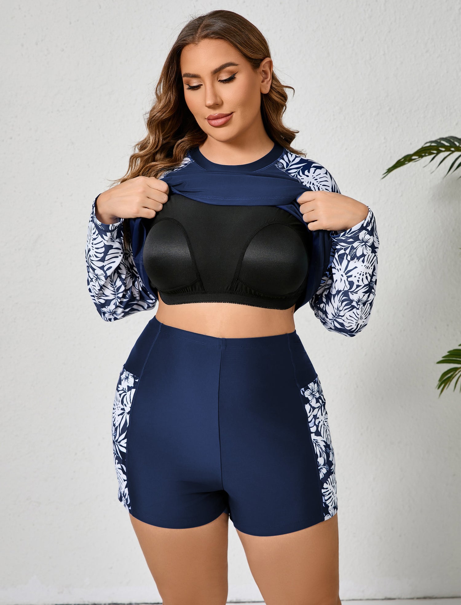 Holiday Uniform Plus Size Swim Shirt with Built in Bra and Shorts with Pockets