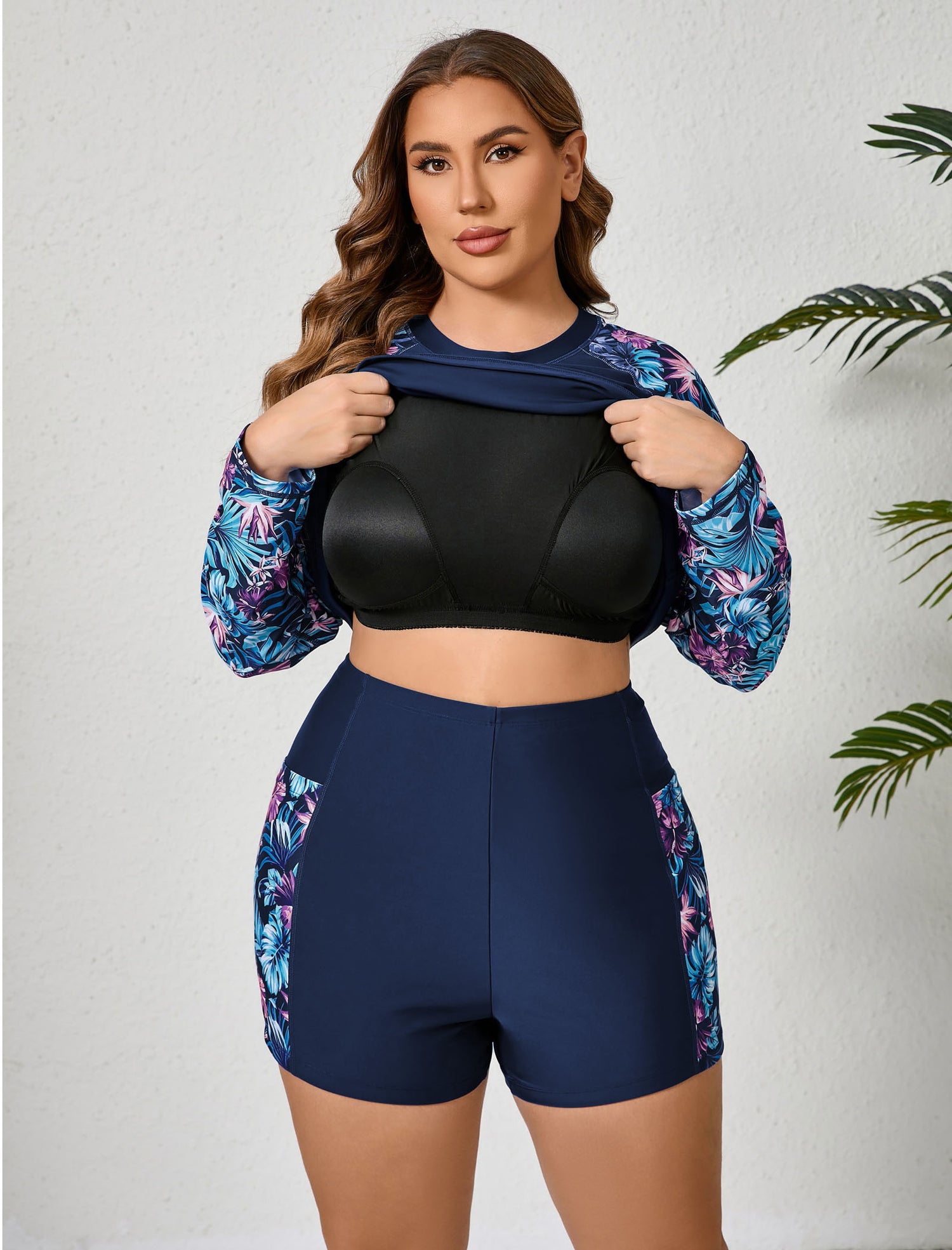 Holiday Uniform Plus Size Swim Shirt with Built in Bra and Shorts with Pockets