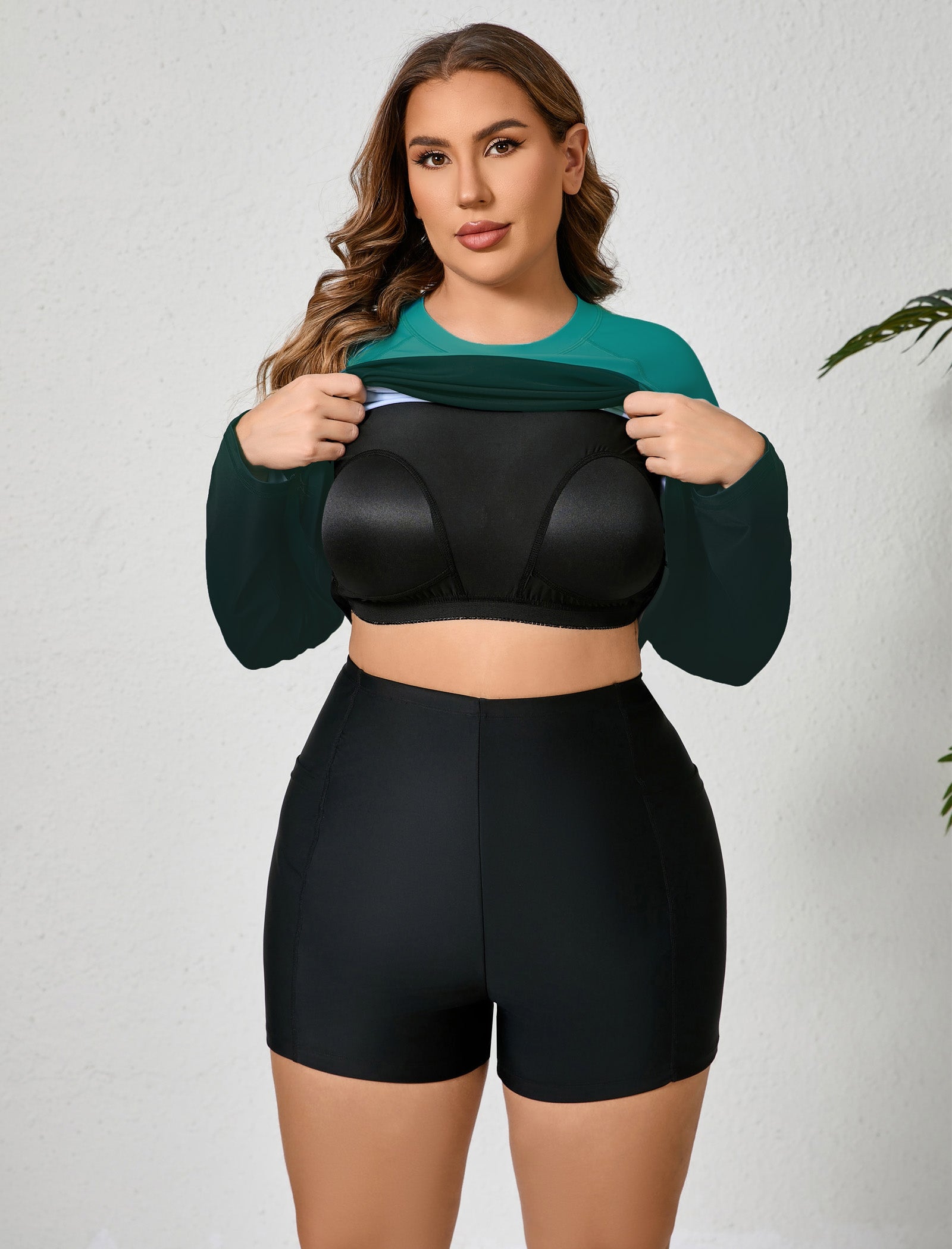 Holiday Uniform Plus Size Swim Shirt with Built in Bra and Shorts with Pockets