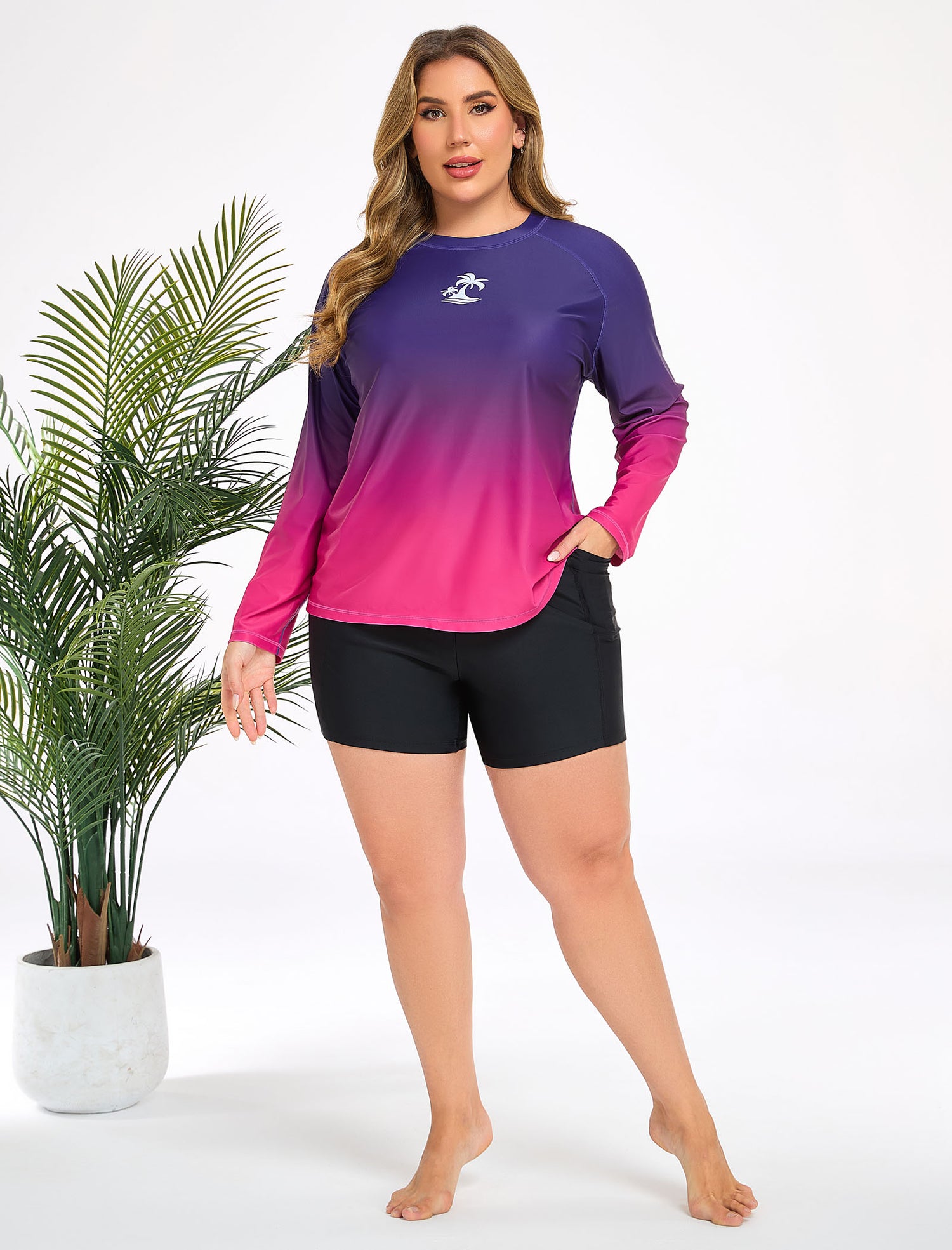 Holiday Uniform Plus Size Swim Shirt with Built in Bra and Shorts with Pockets