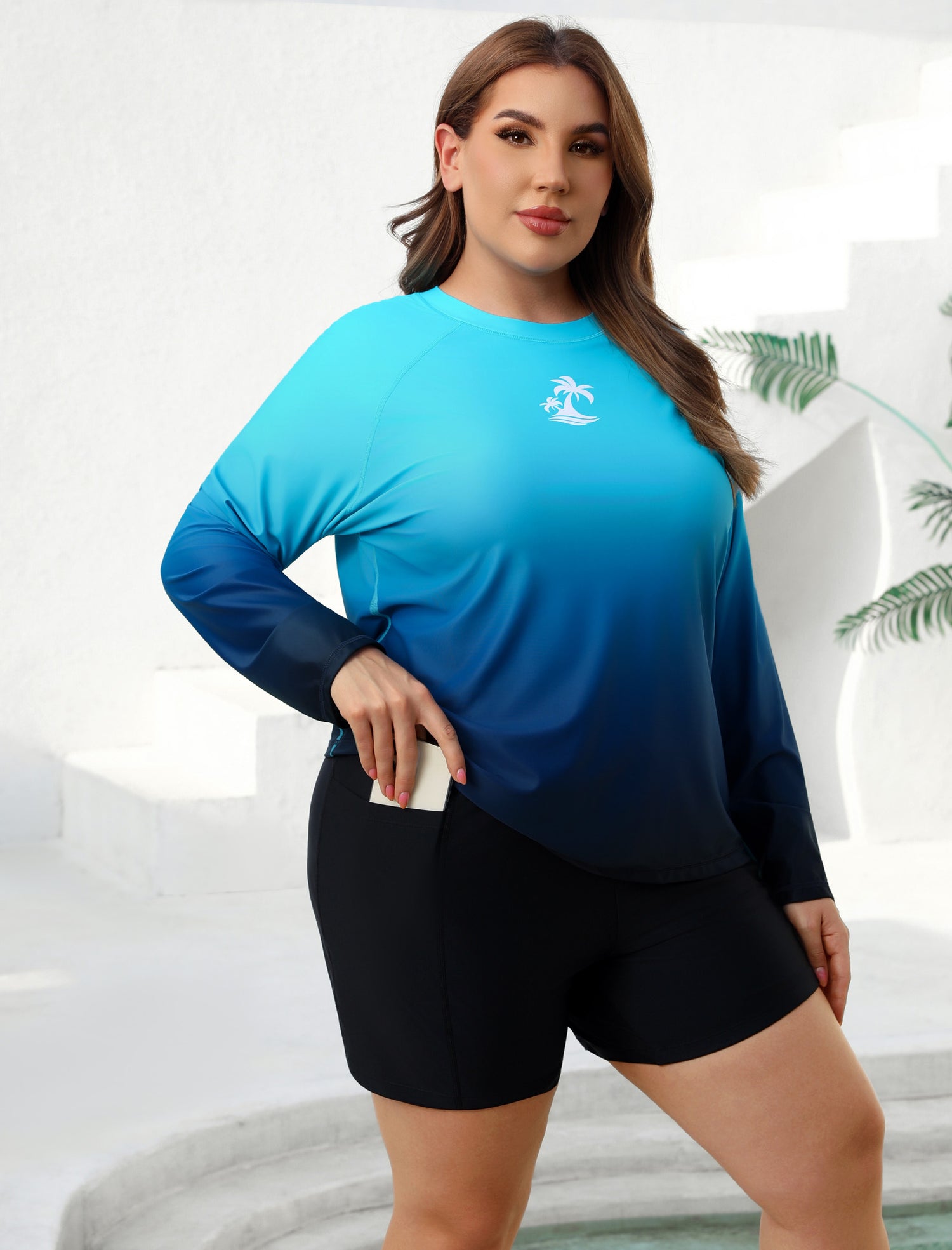 Holiday Uniform Plus Size Swim Shirt with Built in Bra and Shorts with Pockets
