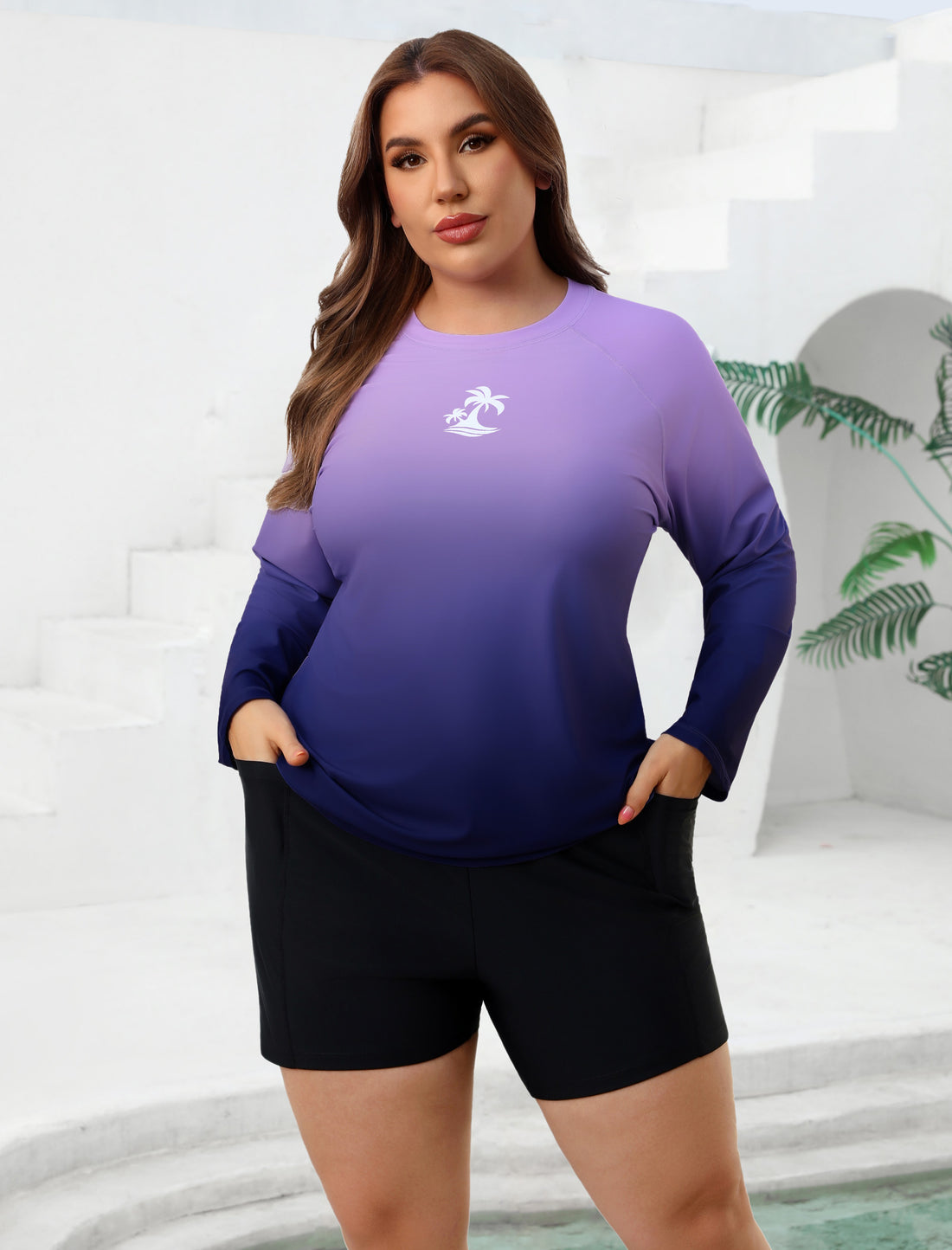 Holiday Uniform Plus Size Swim Shirt with Built in Bra and Shorts with Pockets