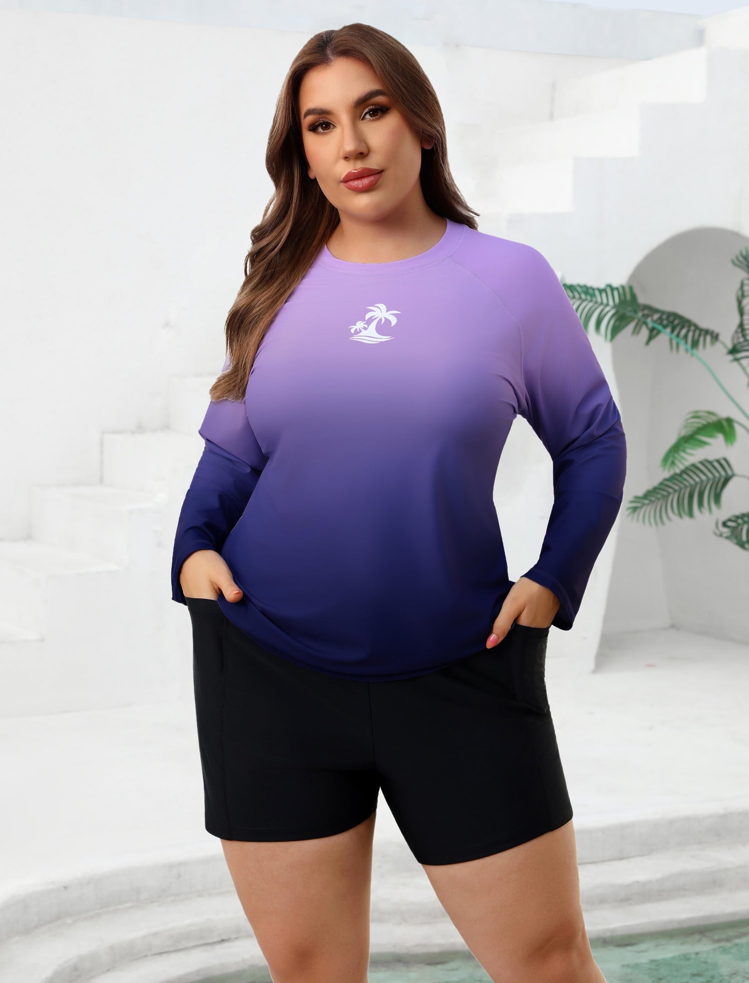 Holiday Uniform Plus Size Swim Shirt with Built in Bra and Shorts with Pockets