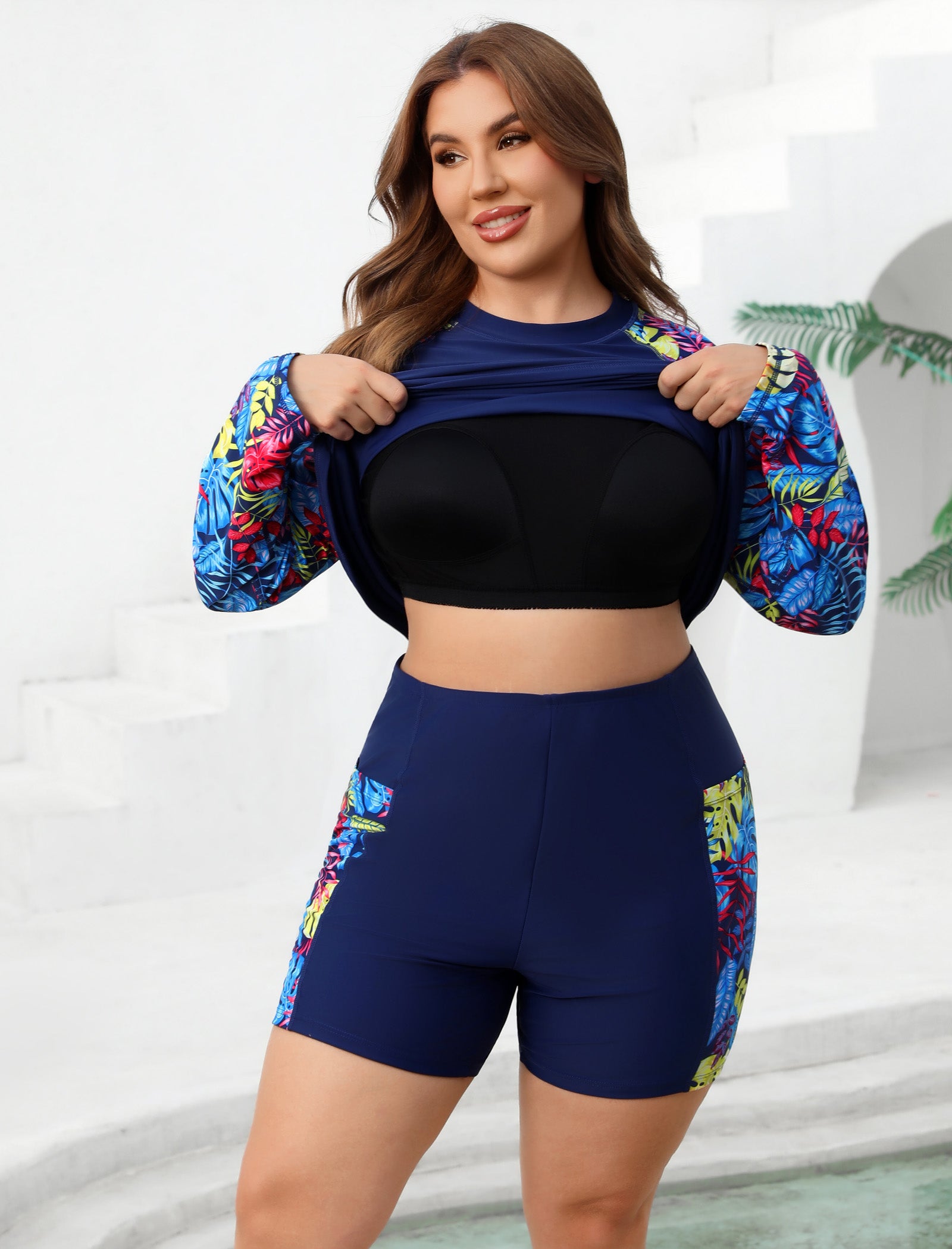 Holiday Uniform Plus Size Swim Shirt with Built in Bra and Shorts with Pockets
