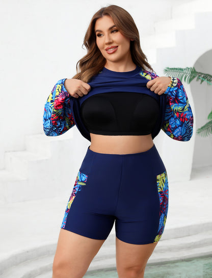 Holiday Uniform Plus Size Swim Shirt with Built in Bra and Shorts with Pockets