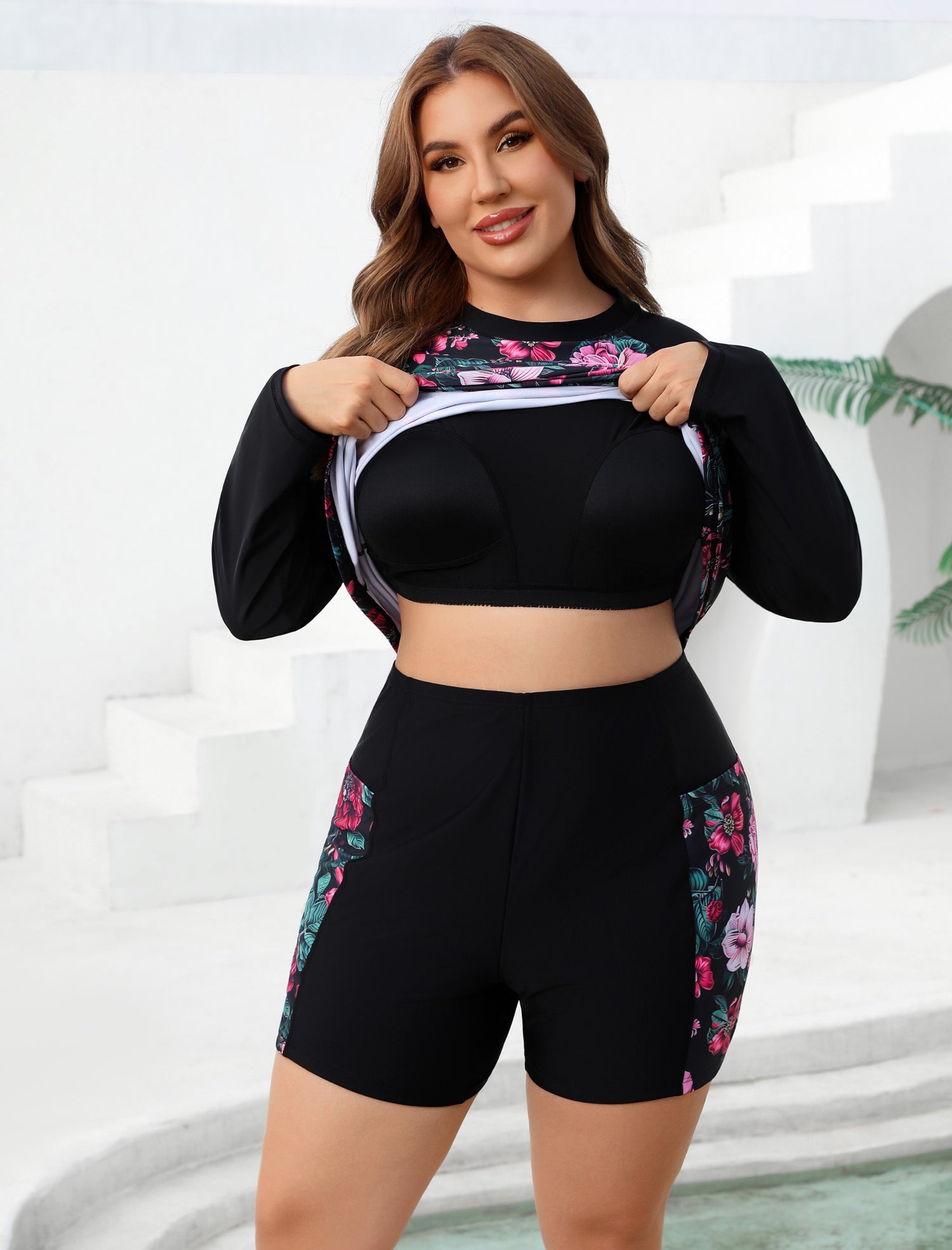 Holiday Uniform Plus Size Swim Shirt with Built in Bra and Shorts with Pockets