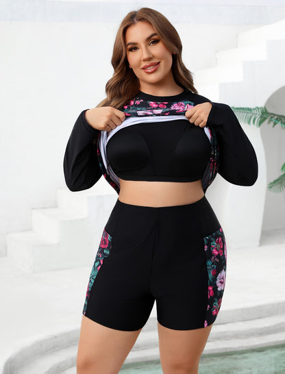 Holiday Uniform Plus Size Swim Shirt with Built in Bra and Shorts with Pockets