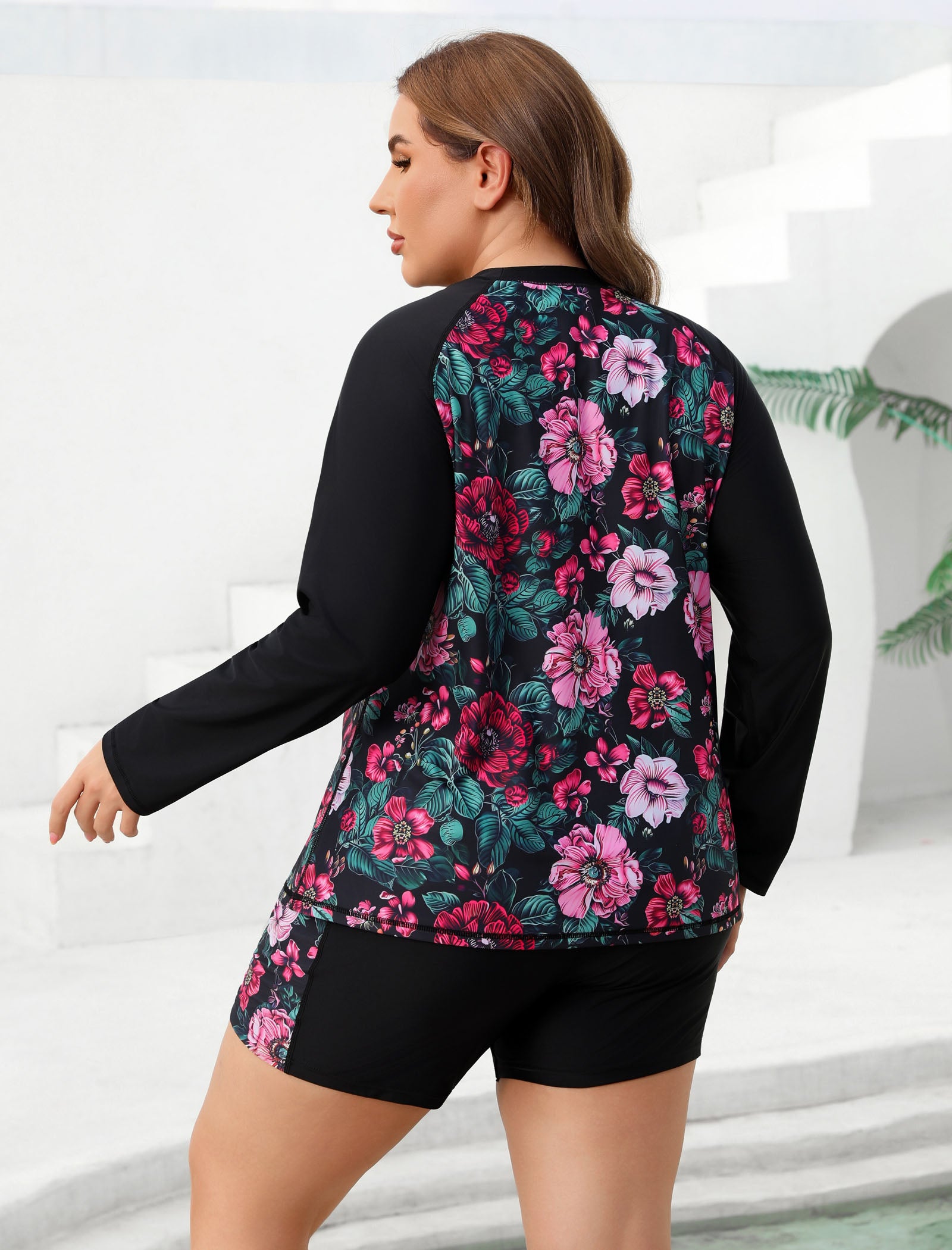 Holiday Uniform Plus Size Swim Shirt with Built in Bra and Shorts with Pockets