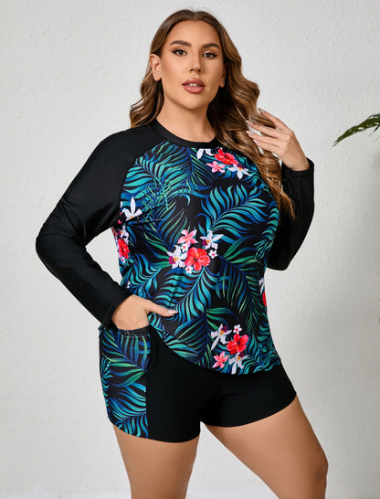 Holiday Uniform Plus Size Swim Shirt with Built in Bra and Shorts with Pockets