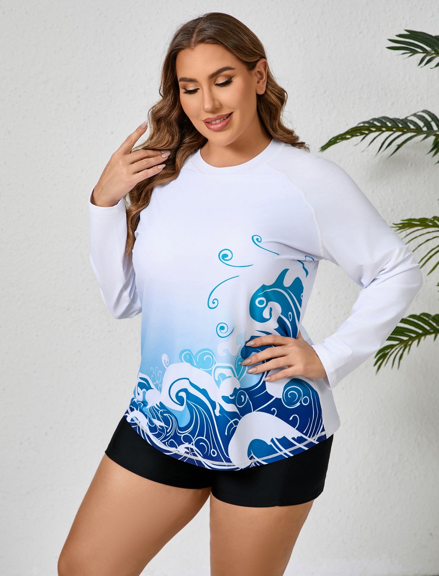 Holiday Uniform Plus Size Swim Shirt with Built in Bra and Shorts with Pockets